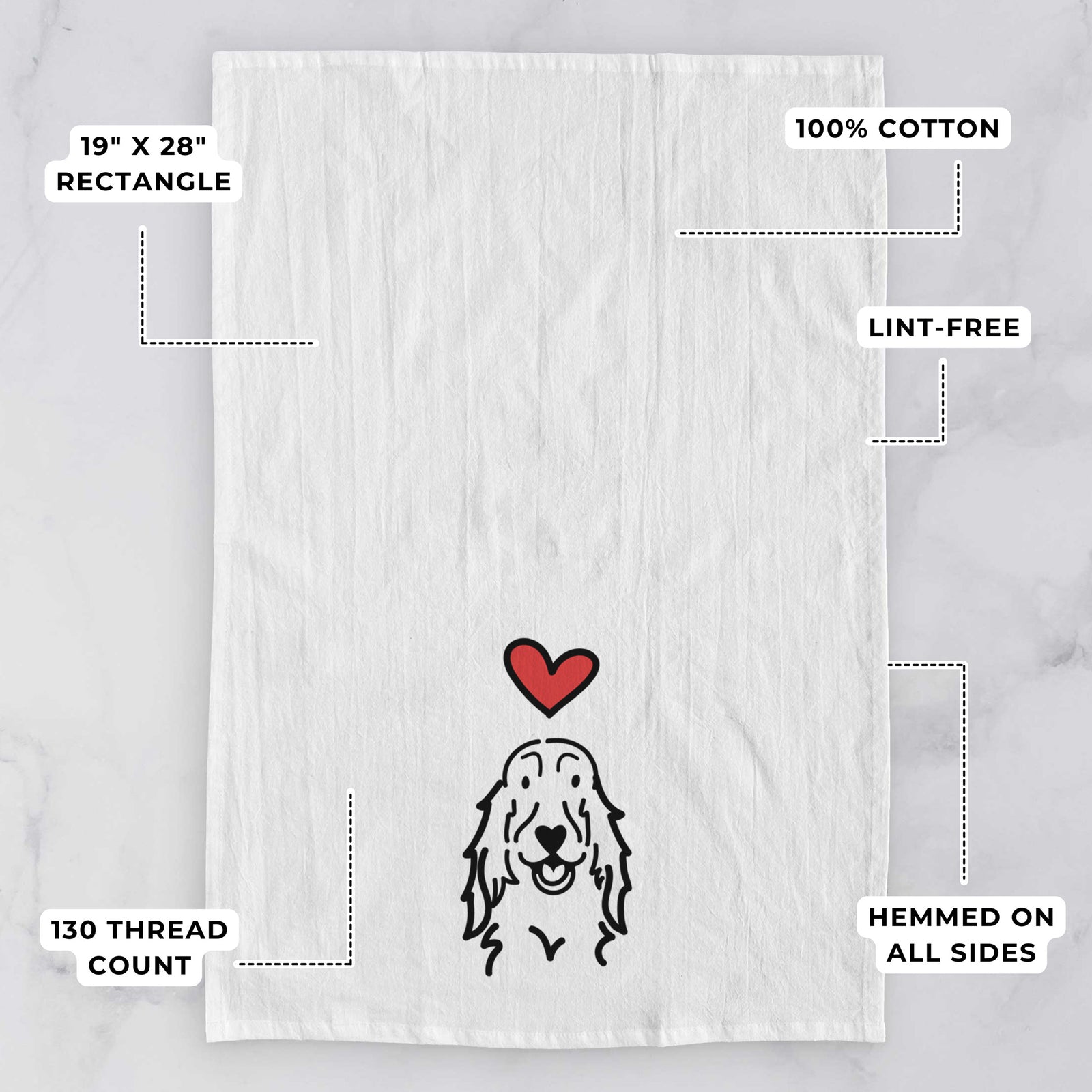 Minimalist line drawing of a Setter with a red heart on a tea towel, with feature callouts: 19 x 28 inch rectangle, 100% cotton, lint-free, 120 thread count, hemmed on all sides
