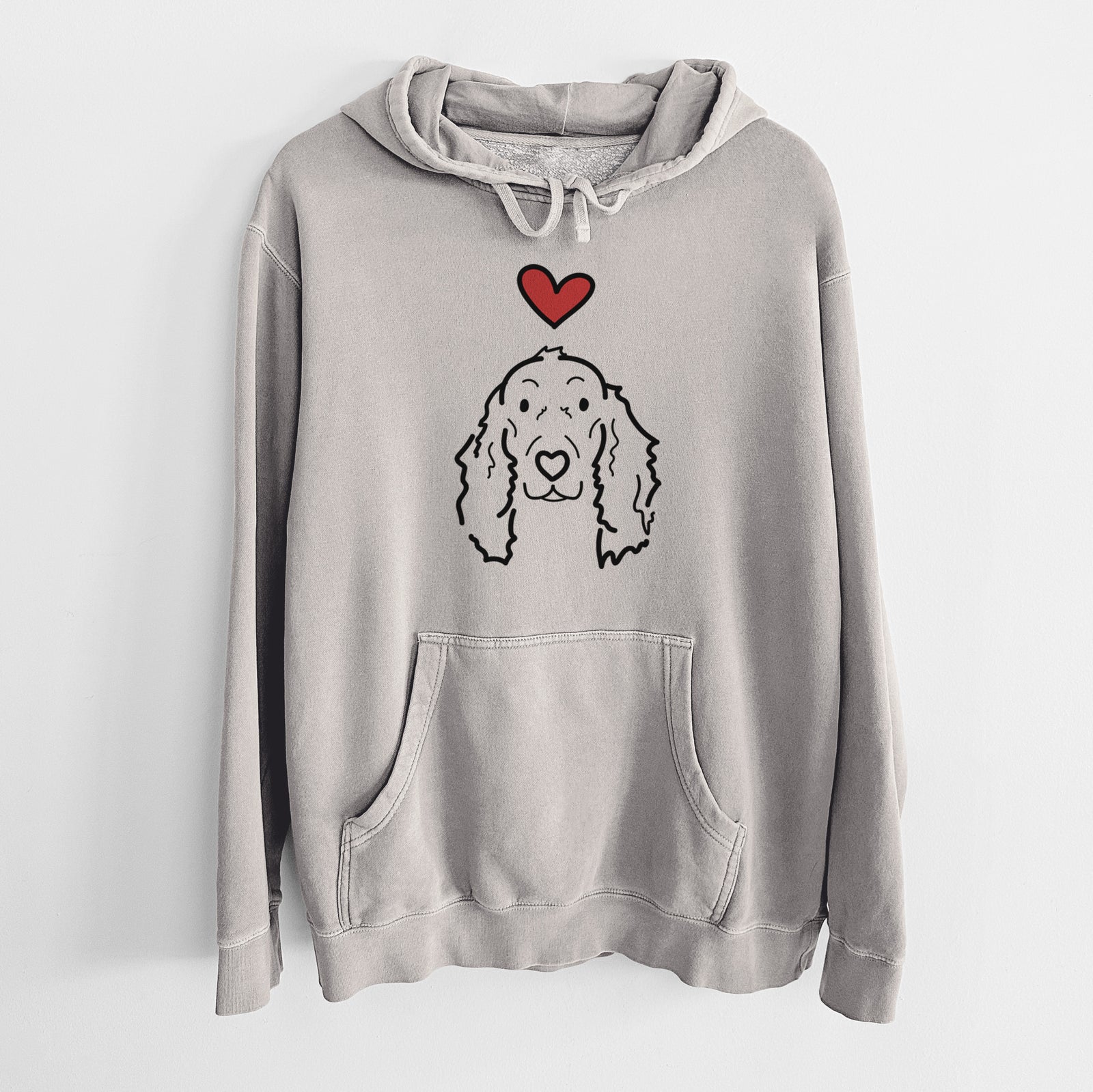 Minimalist line drawing of Seven the Irish Setter with a red heart on a Cement Unisex pigment dyed hoodie