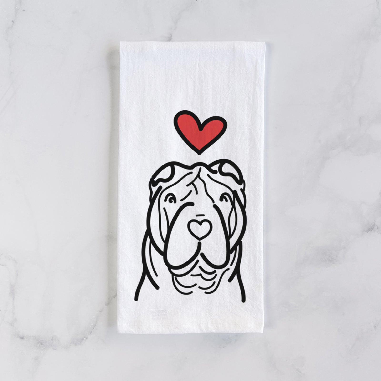 Minimalist line drawing of a Shar Pei with a red heart on a tea towel