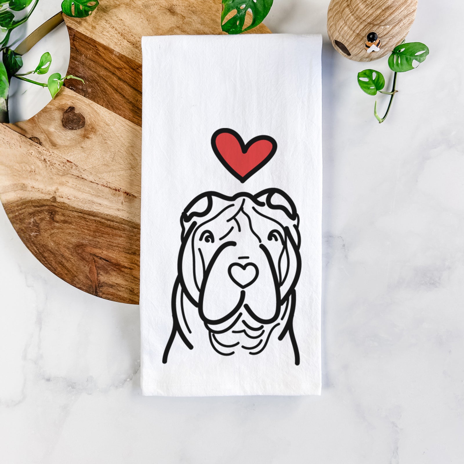 Minimalist line drawing of a Shar Pei with a red heart on a tea towel