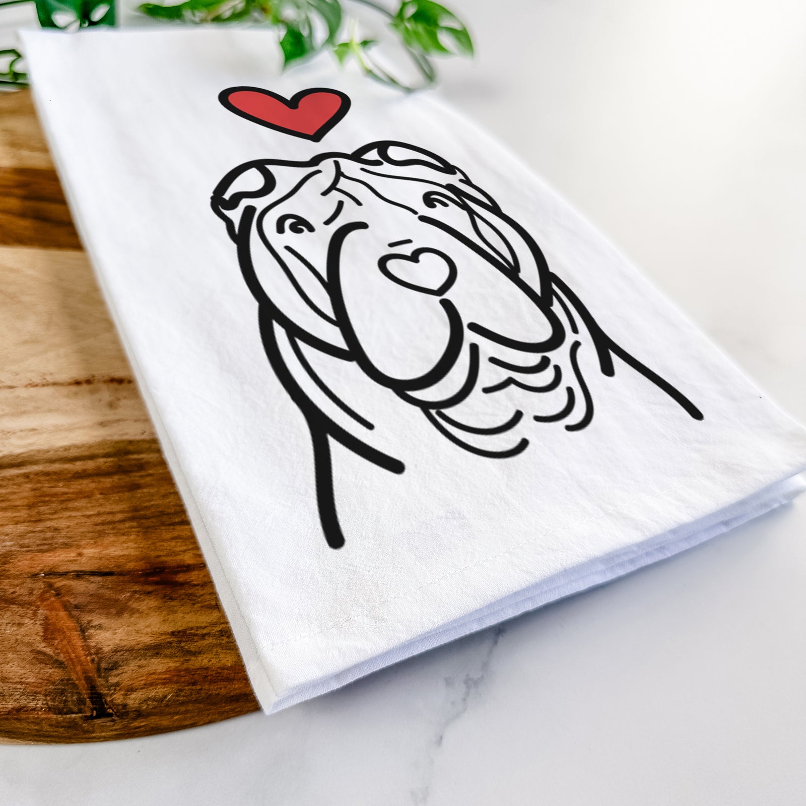 Minimalist line drawing of a Shar Pei with a red heart on a tea towel