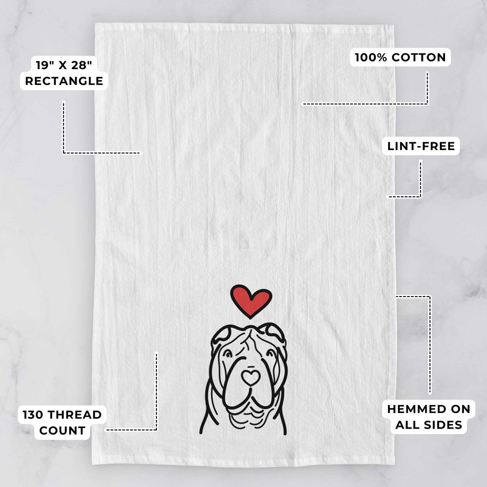 Minimalist line drawing of a Shar Pei with a red heart on a tea towel, with feature callouts: 19 x 28 inch rectangle, 100% cotton, lint-free, 120 thread count, hemmed on all sides