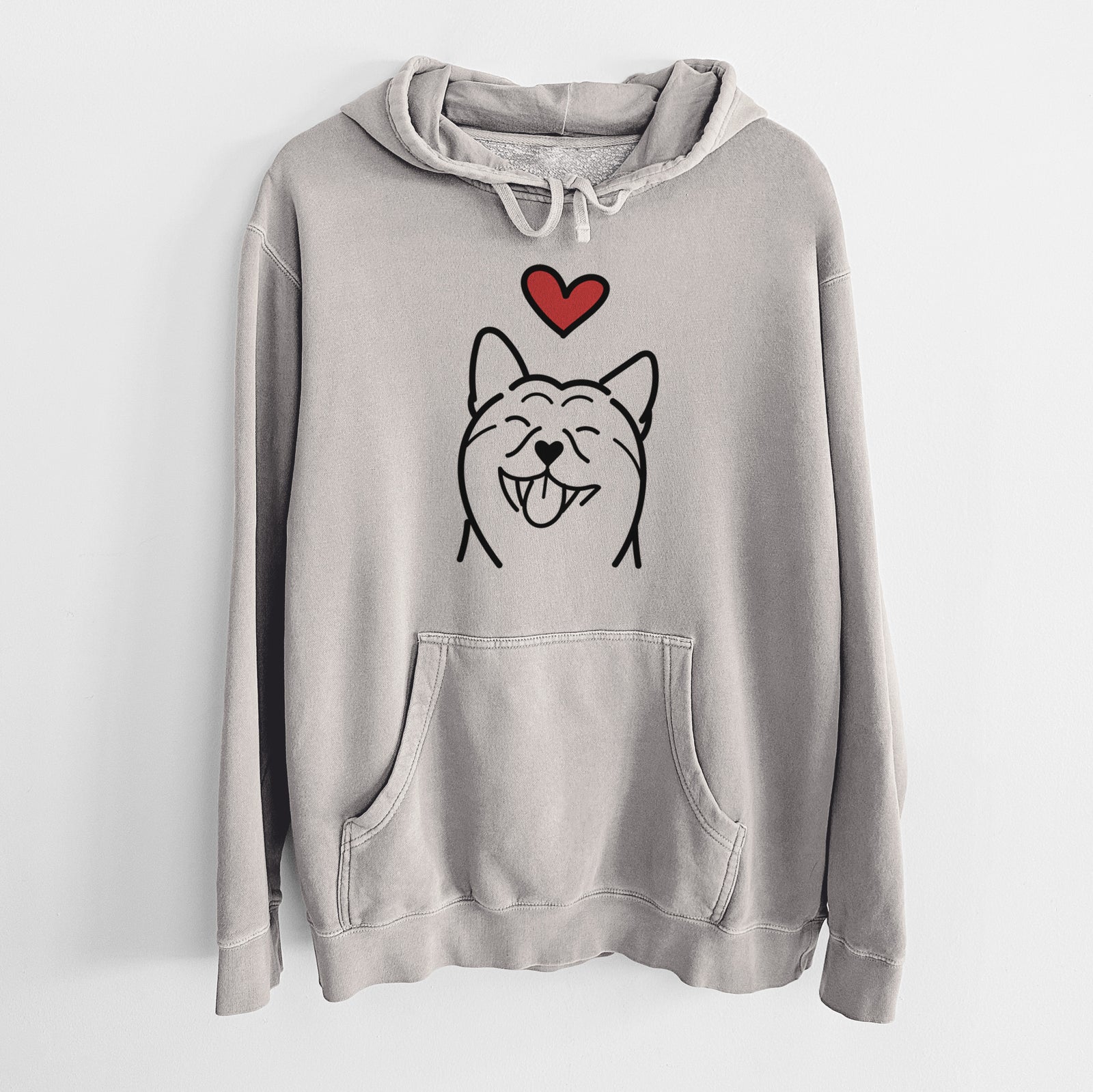 Minimalist line drawing of a Shiba Inu with a red heart on a Cement Unisex pigment dyed hoodie