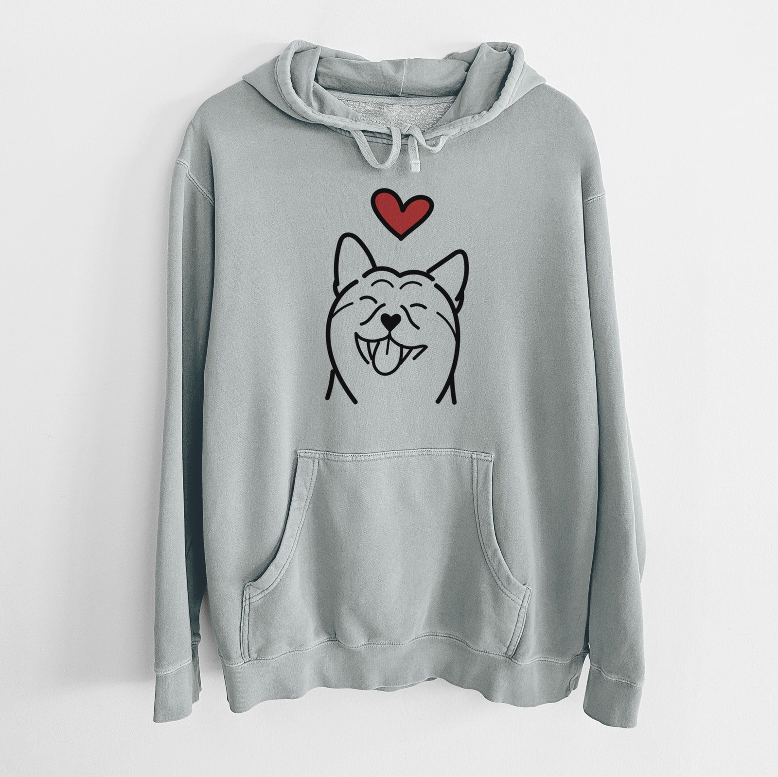 Minimalist line drawing of a Shiba Inu with a red heart on a Sage Unisex pigment dyed hoodie