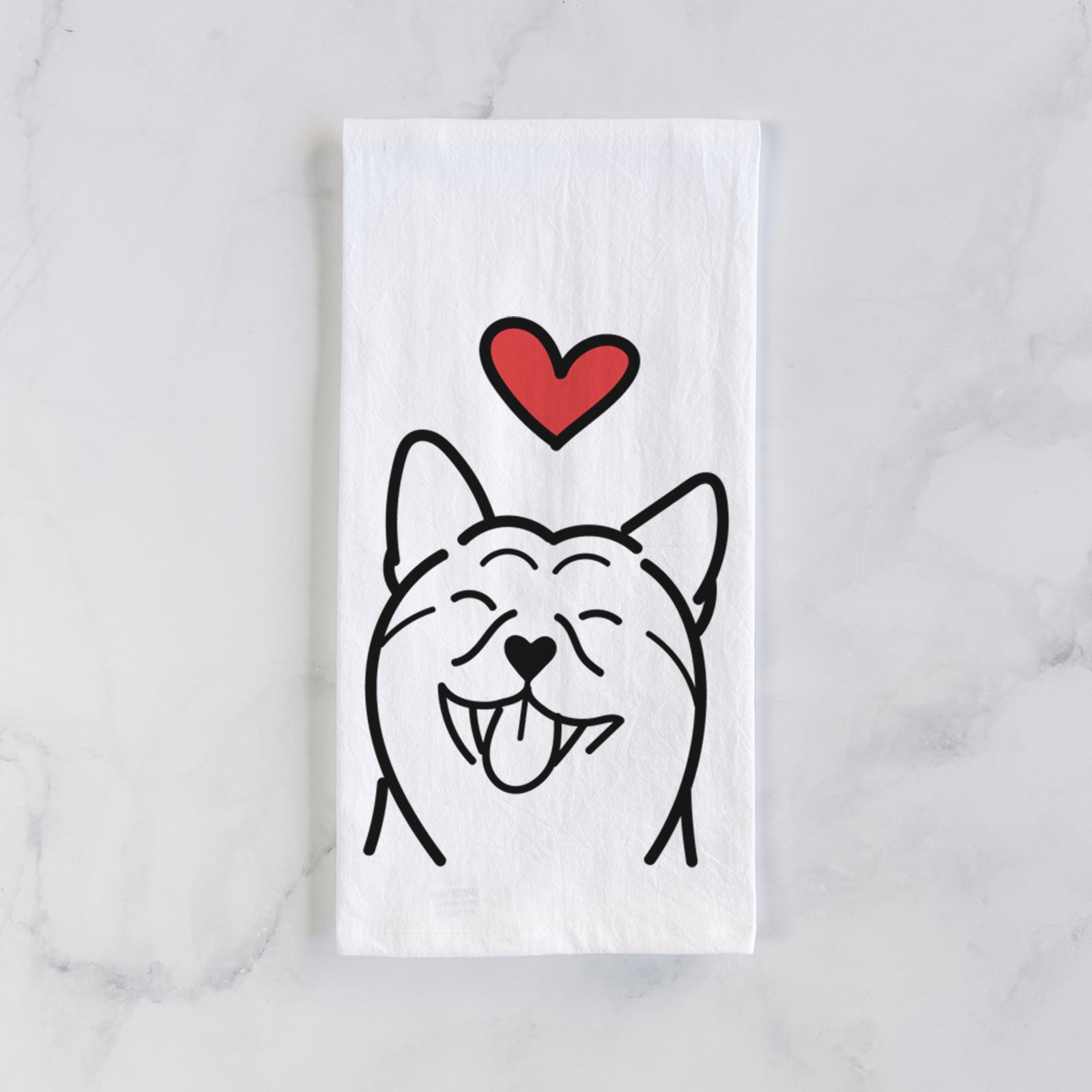Minimalist line drawing of a Shiba Inu with a red heart on a tea towel