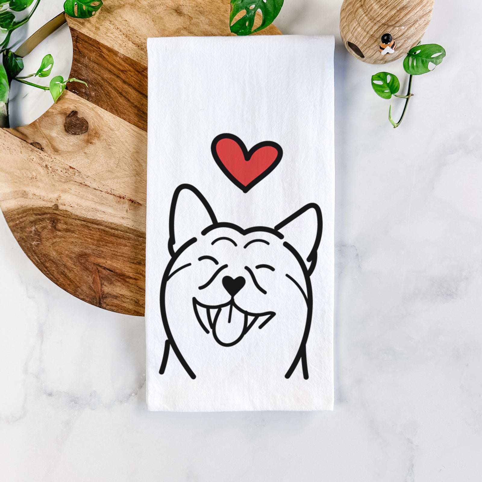 Minimalist line drawing of a Shiba Inu with a red heart on a tea towel