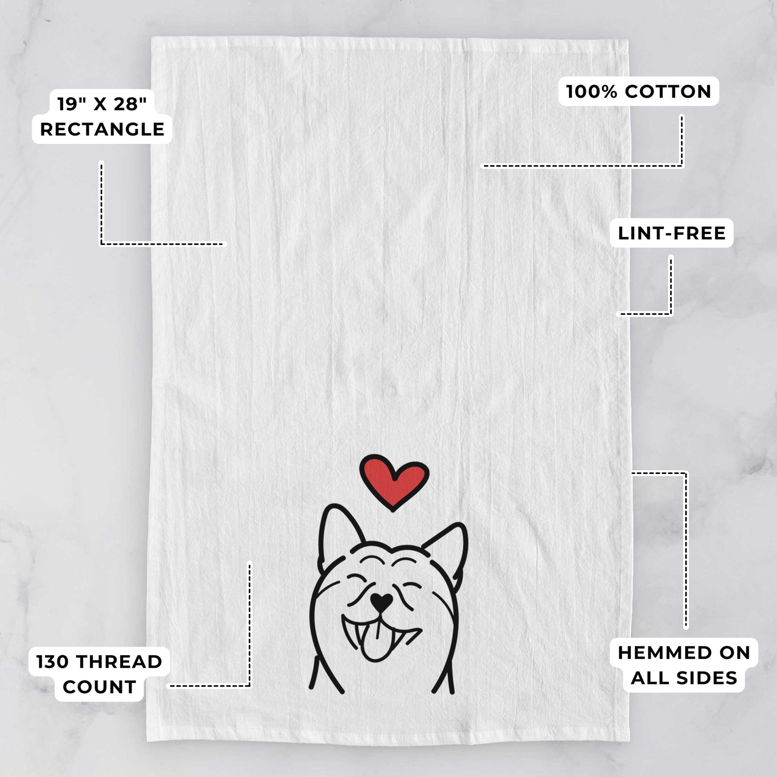 Minimalist line drawing of a Shiba Inu with a red heart on a tea towel, with feature callouts: 19 x 28 inch rectangle, 100% cotton, lint-free, 120 thread count, hemmed on all sides