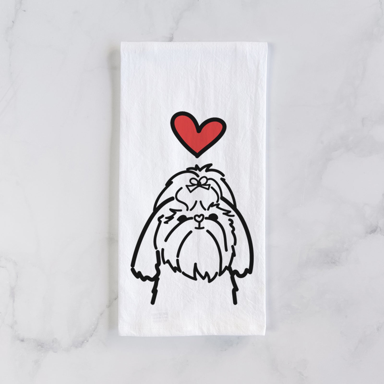 Minimalist line drawing of a Shih Tzu with a red heart on a tea towel
