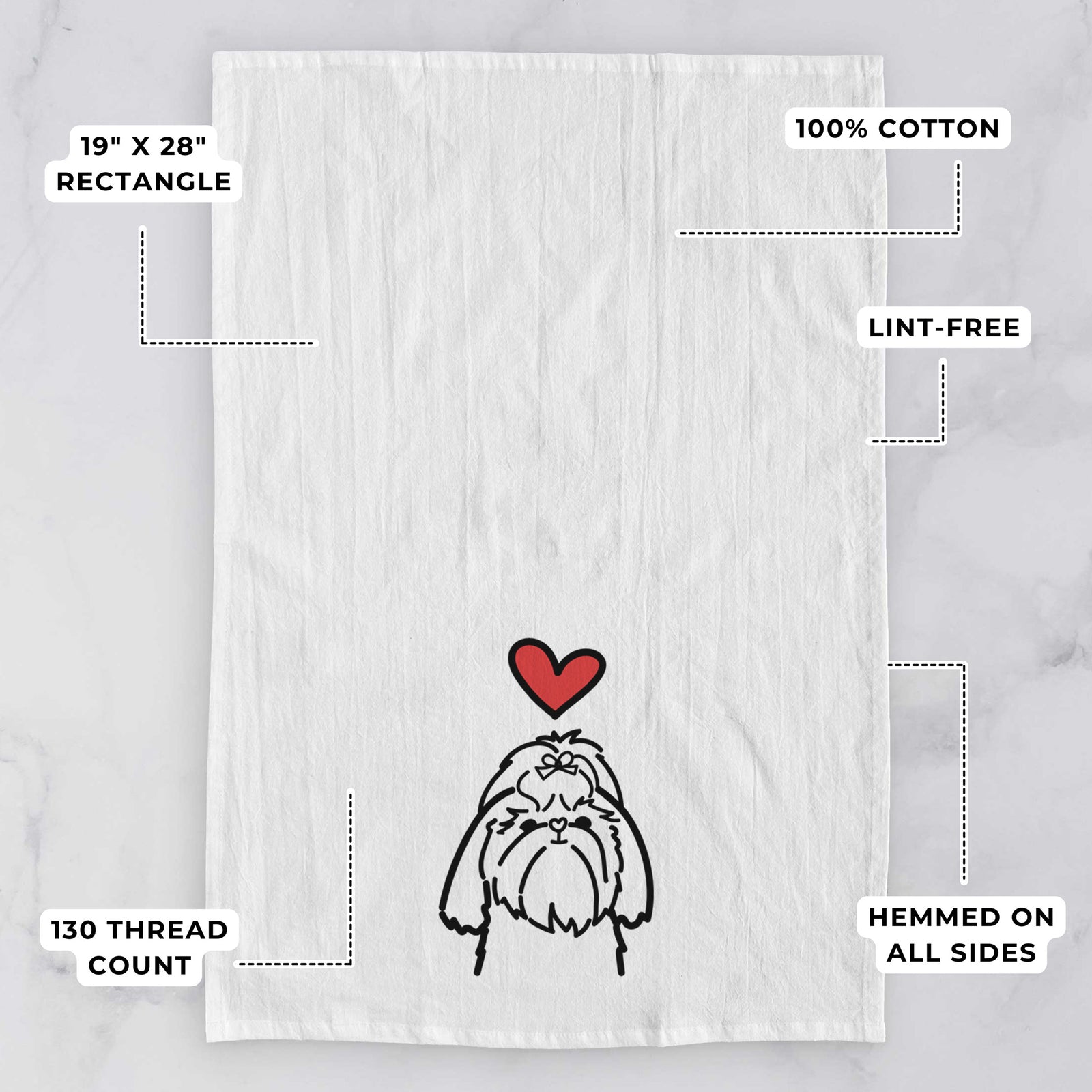 Minimalist line drawing of a Shih Tzu with a red heart on a tea towel, with feature callouts: 19 x 28 inch rectangle, 100% cotton, lint-free, 120 thread count, hemmed on all sides