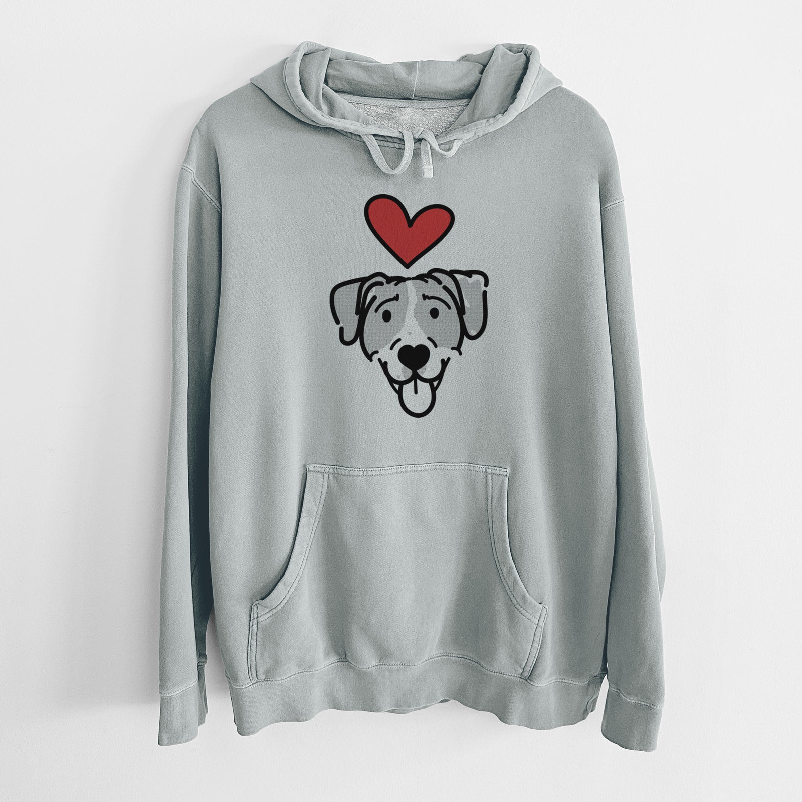 Minimalist line drawing of Shiva the Bluetick Coonhound with a red heart on a Sage Unisex pigment dyed hoodie