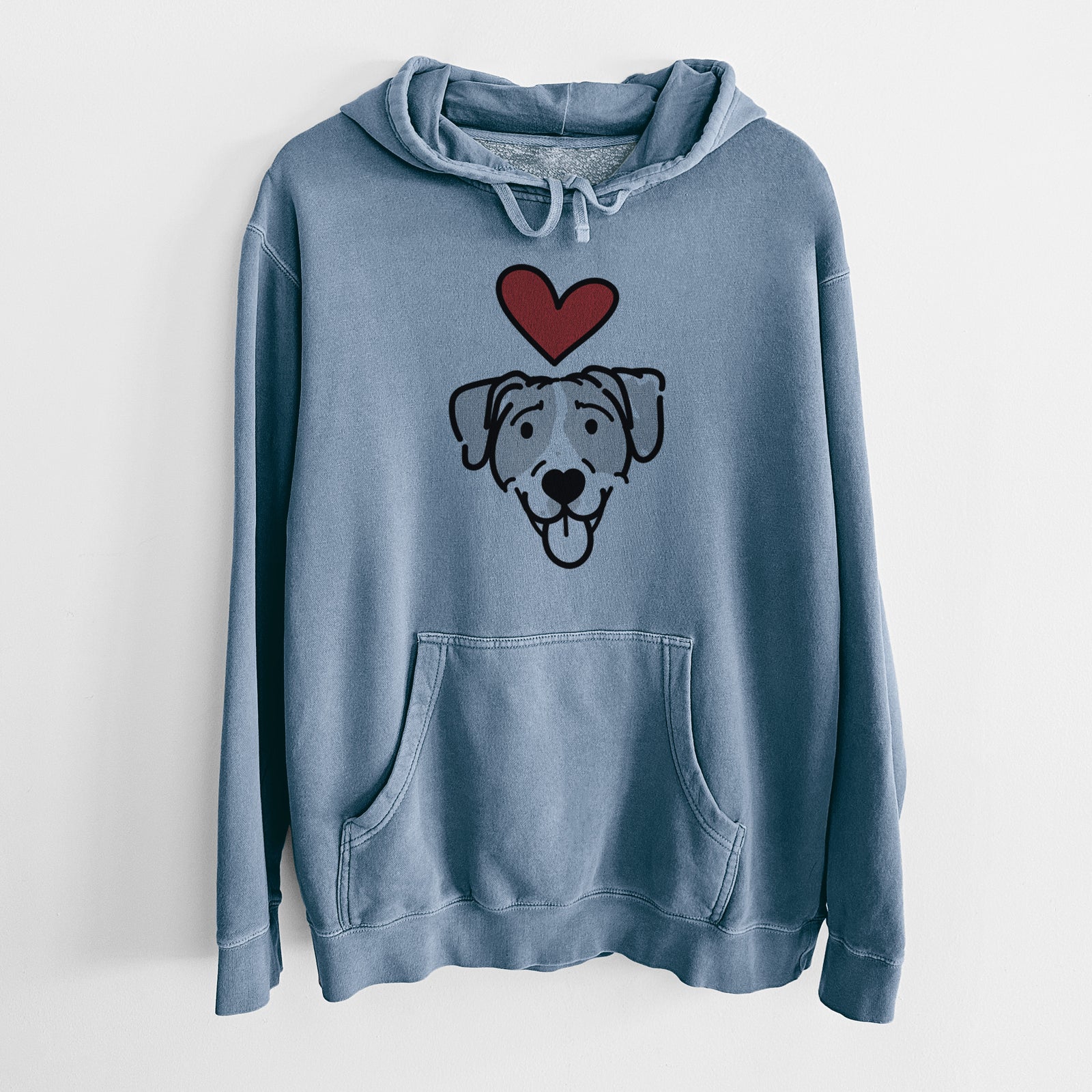 Minimalist line drawing of Shiva the Bluetick Coonhound with a red heart on a Slate Blue Unisex pigment dyed hoodie