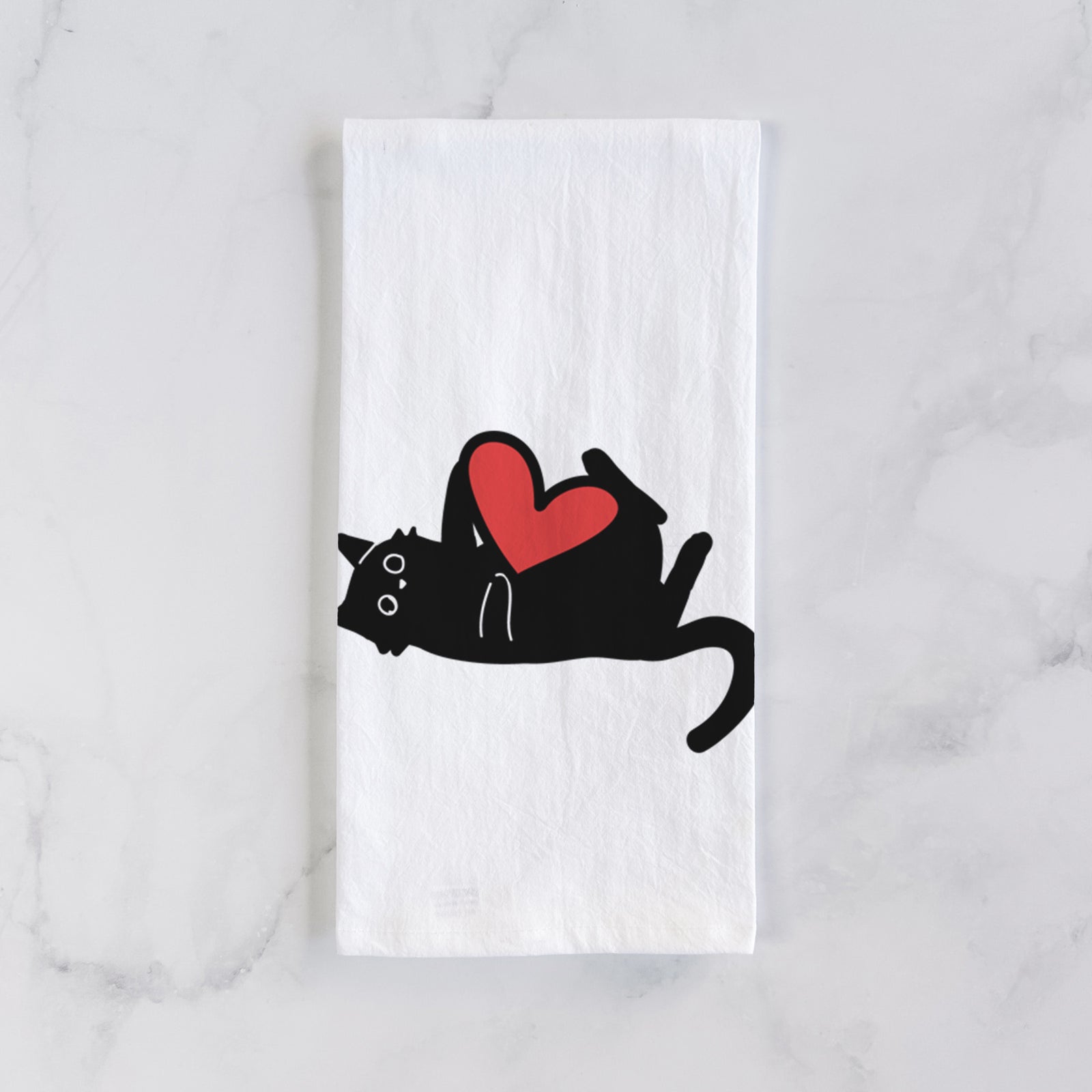 Minimalist line drawing of Smash the Black Cat with a red heart on a tea towel