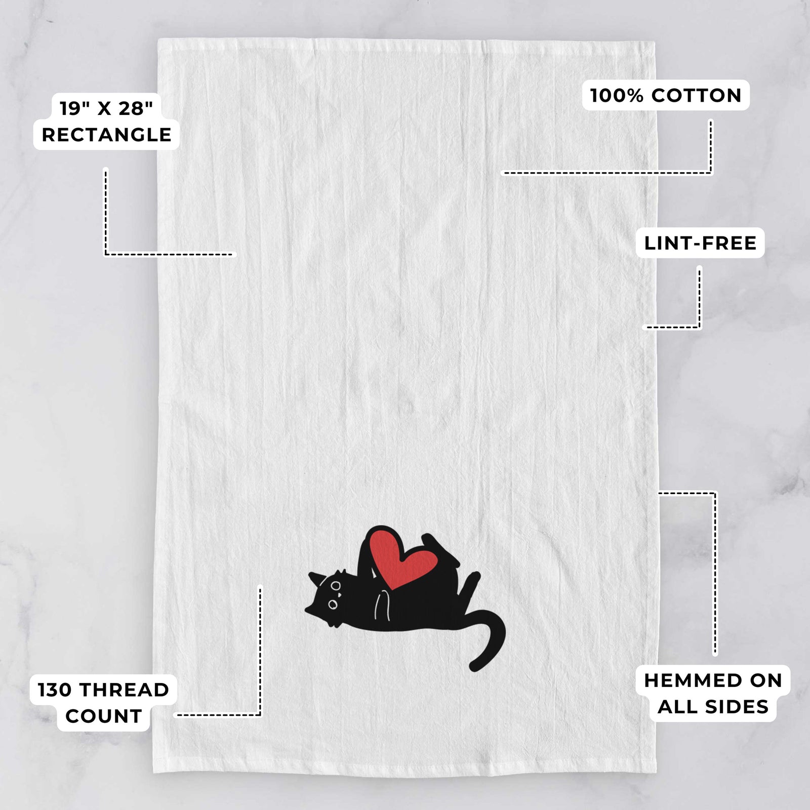 Minimalist line drawing of Smash the Black Cat with a red heart on a tea towel, with feature callouts: 19 x 28 inch rectangle, 100% cotton, lint-free, 120 thread count, hemmed on all sides