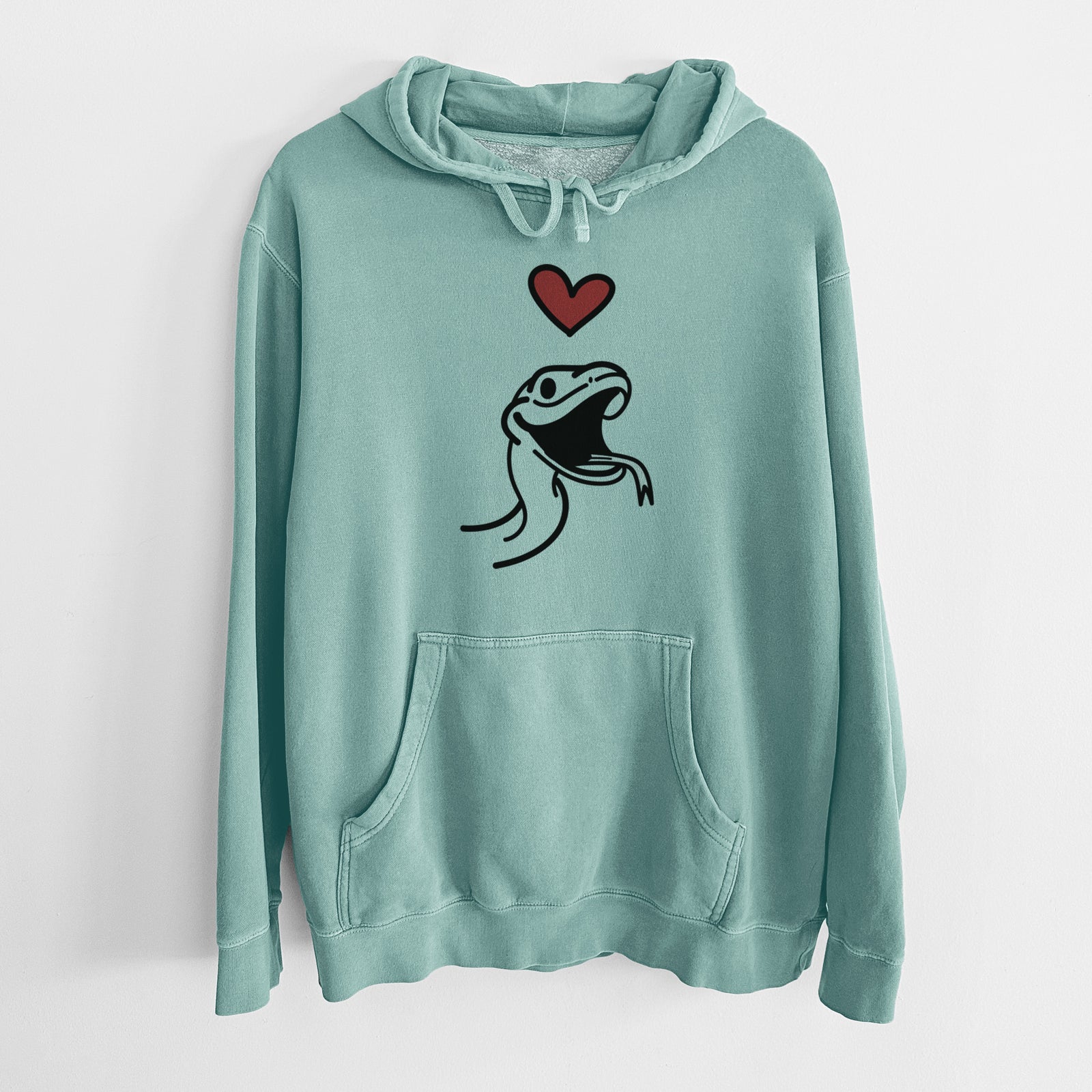 Minimalist line drawing of Spike the Snake with a red heart on a Mint Unisex pigment dyed hoodie