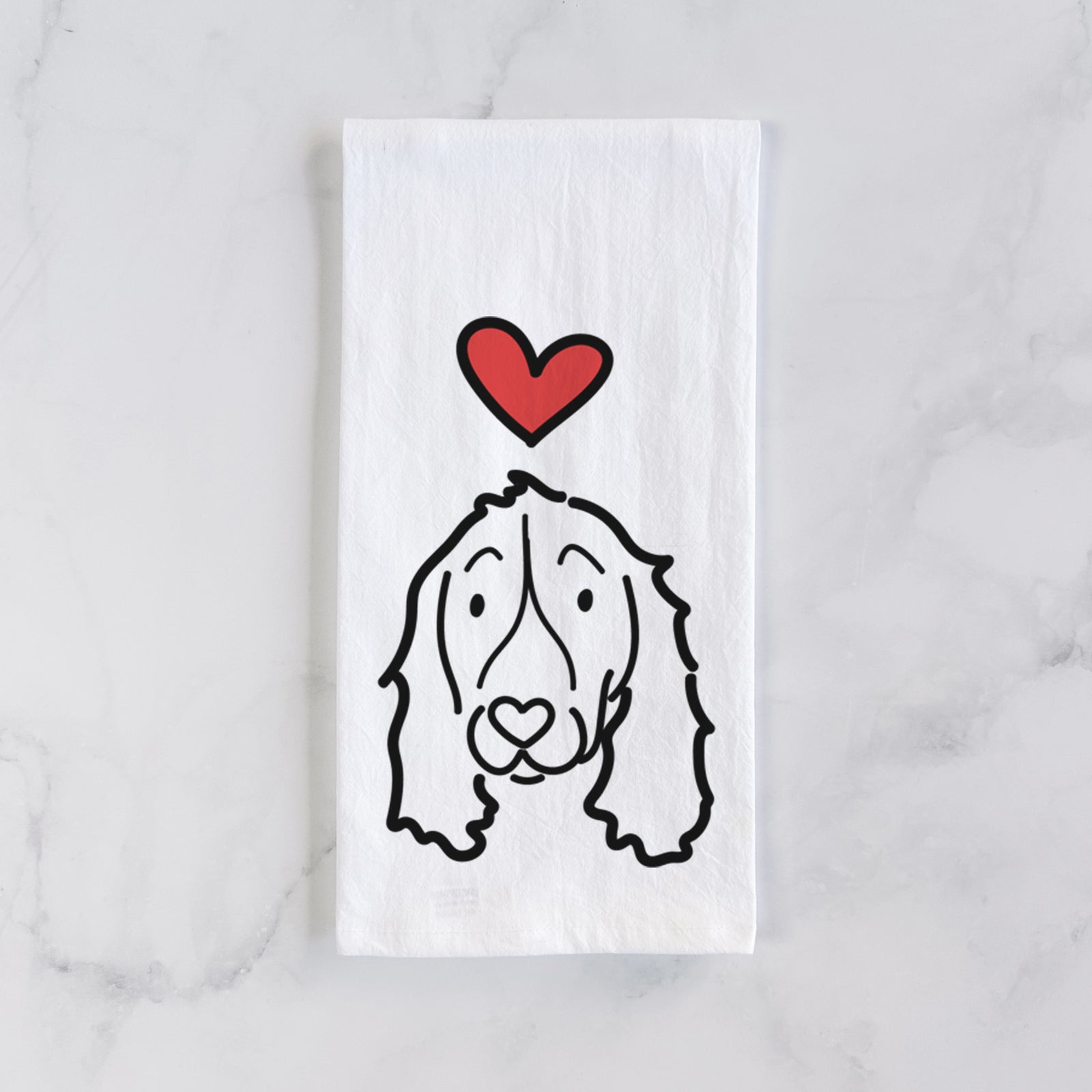 Minimalist line drawing of an English Springer Spaniel with a red heart on a tea towel