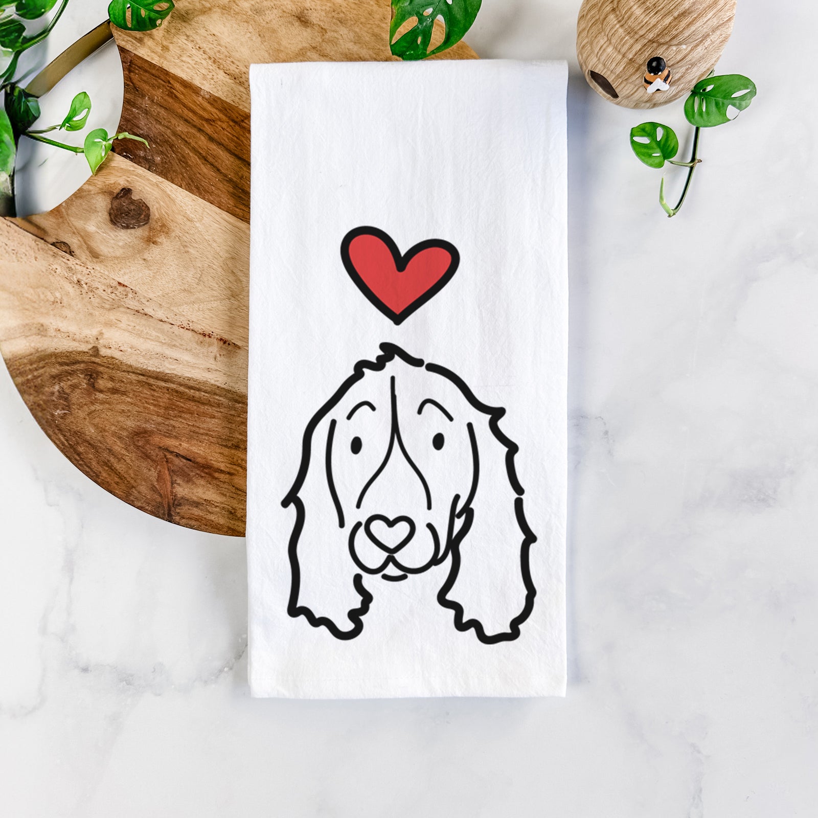 Minimalist line drawing of an English Springer Spaniel with a red heart on a tea towel