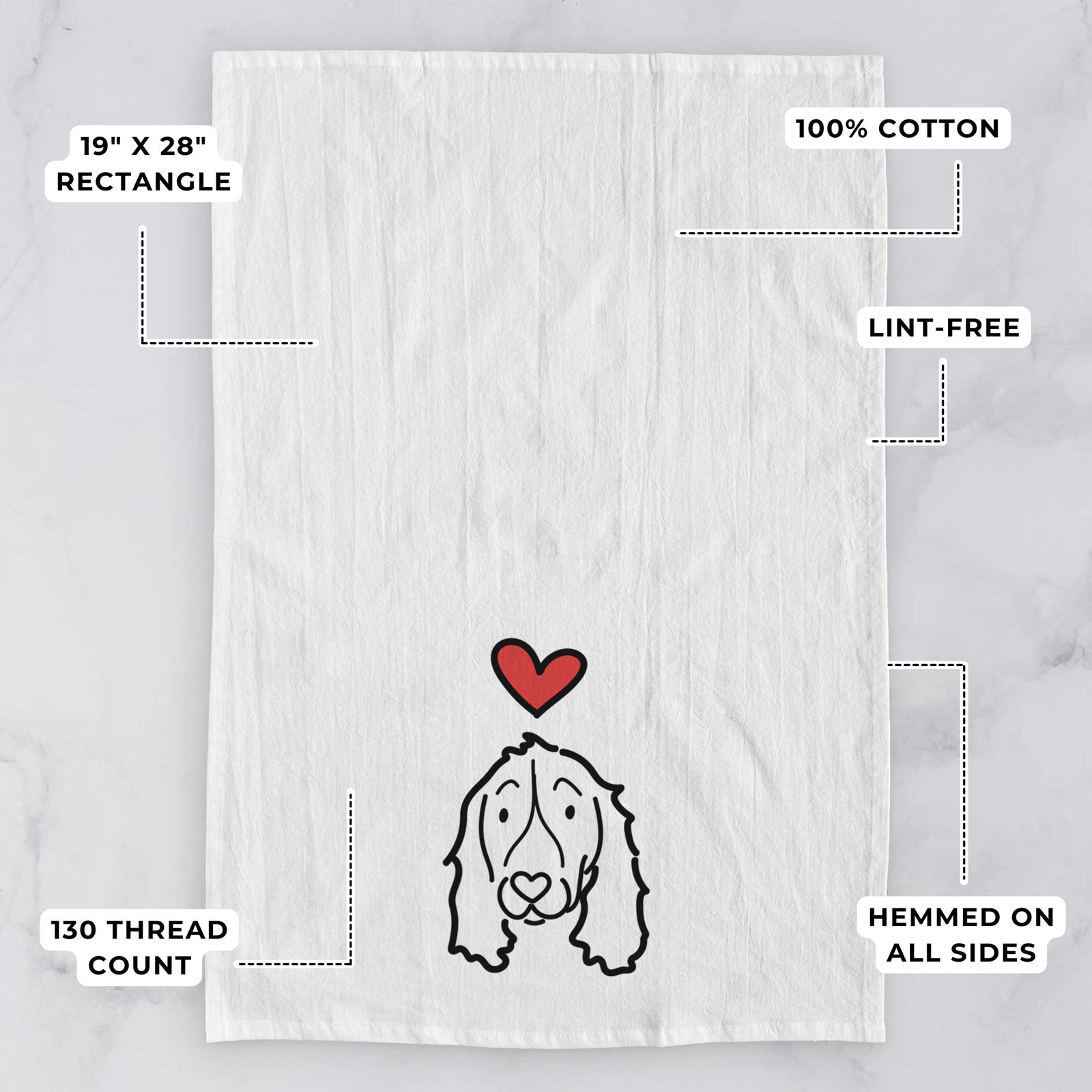 Minimalist line drawing of an English Springer Spaniel with a red heart on a tea towel, with feature callouts: 19 x 28 inch rectangle, 100% cotton, lint-free, 120 thread count, hemmed on all sides