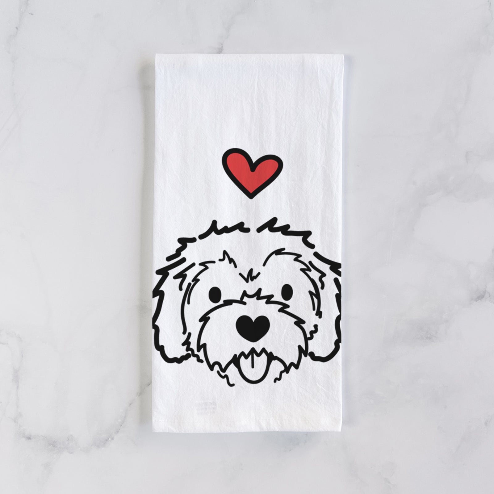 Minimalist line drawing of Sprinkles the Cockapoo with a red heart on a tea towel