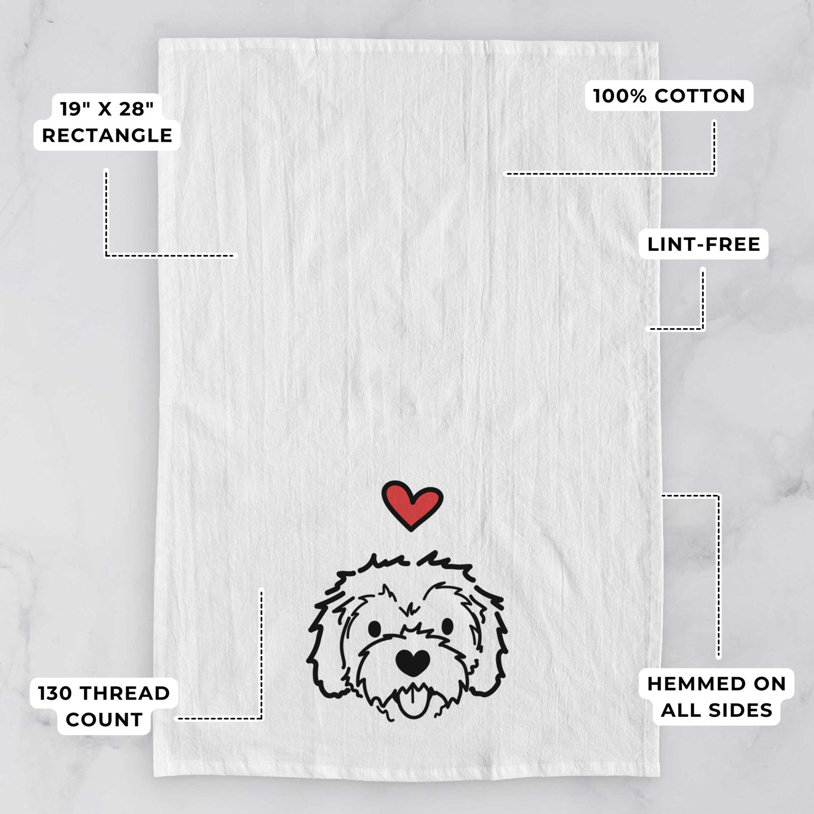Minimalist line drawing of Sprinkles the Cockapoo with a red heart on a tea towel, with feature callouts: 19 x 28 inch rectangle, 100% cotton, lint-free, 120 thread count, hemmed on all sides