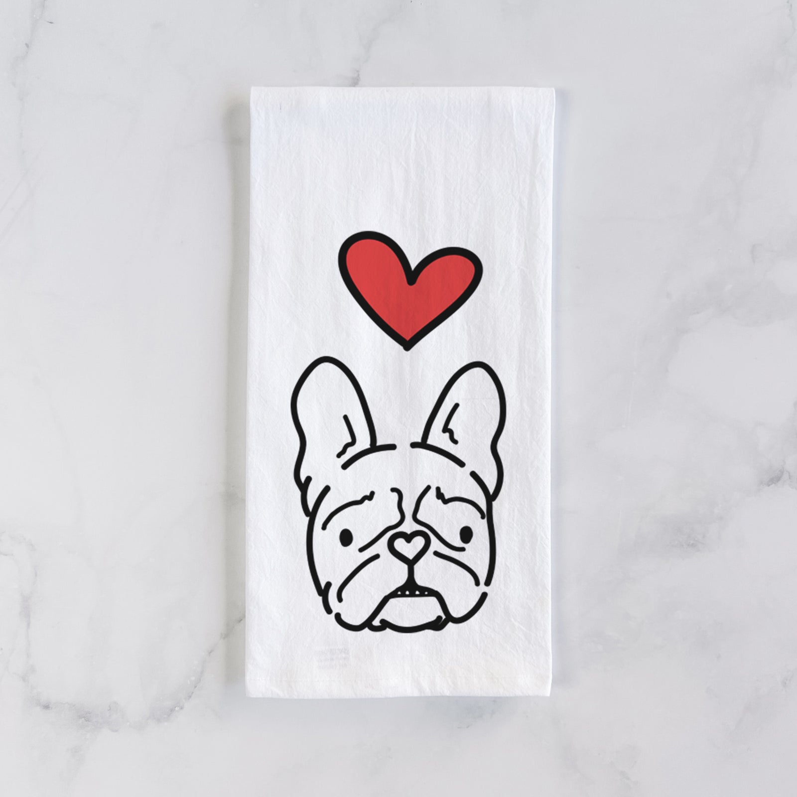 Minimalist line drawing of Squishy the French Bulldog with a red heart on a tea towel
