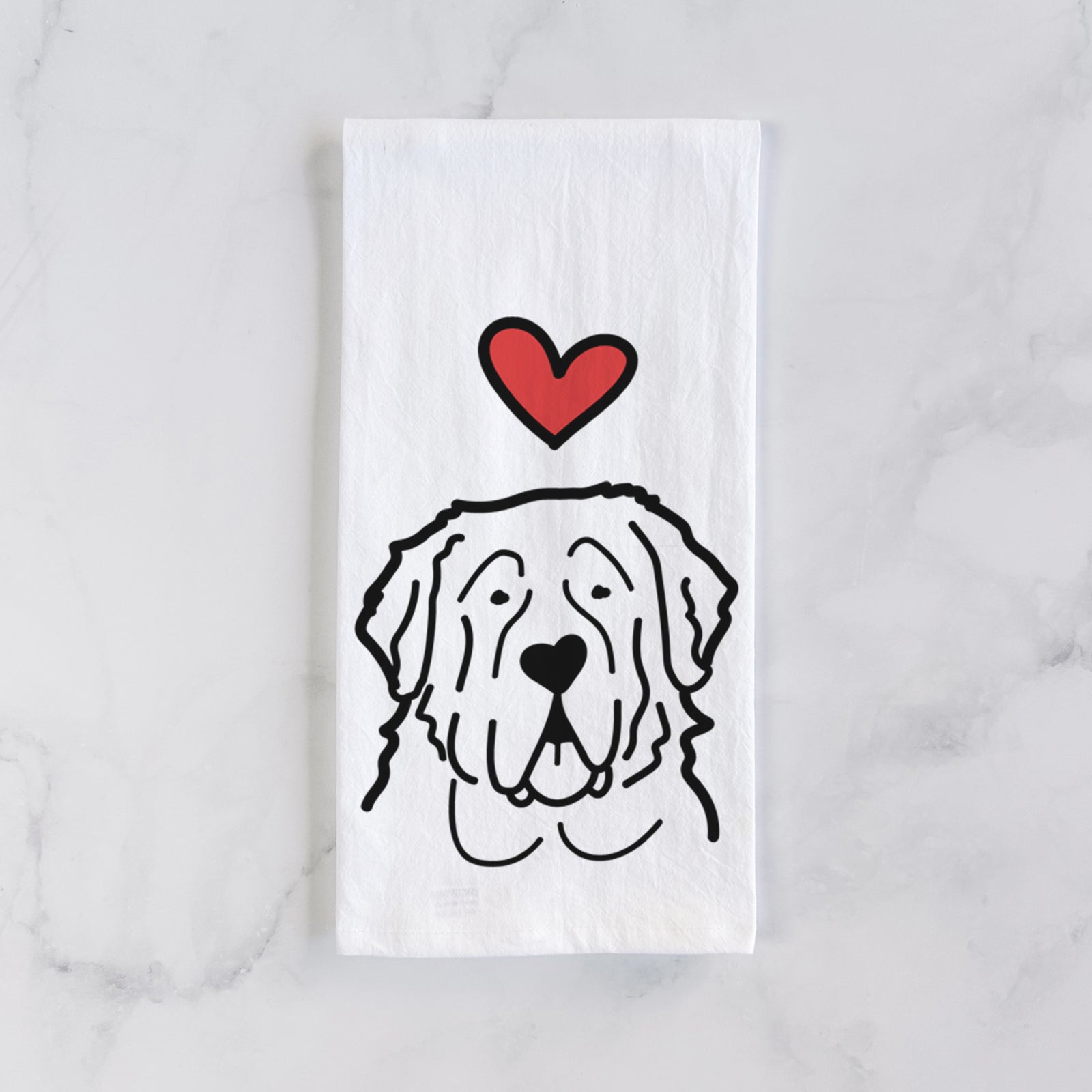 Minimalist line drawing of a Saint Bernard with a red heart on a tea towel