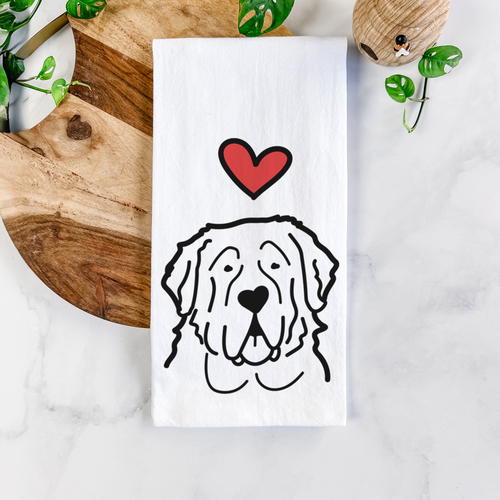 Minimalist line drawing of a Saint Bernard with a red heart on a tea towel