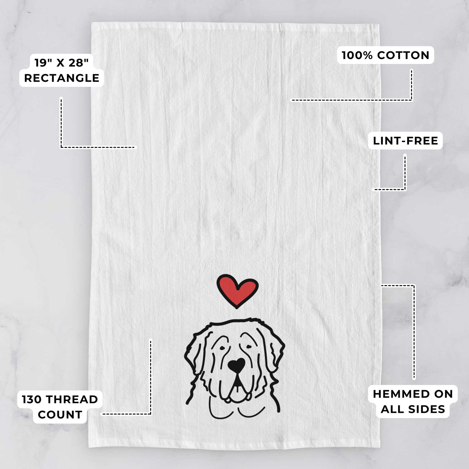 Minimalist line drawing of a Saint Bernard with a red heart on a tea towel, with feature callouts: 19 x 28 inch rectangle, 100% cotton, lint-free, 120 thread count, hemmed on all sides