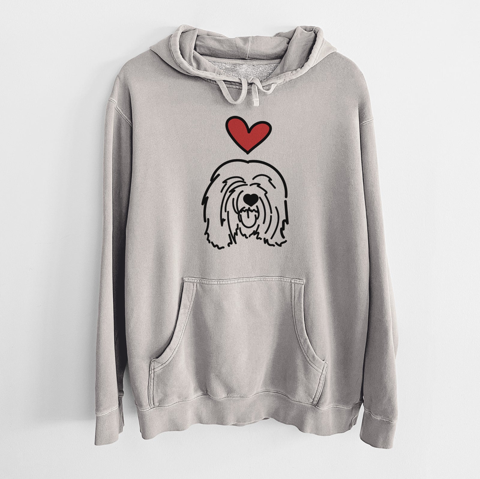 Minimalist line drawing of Stan the Tibetan Mastiff with a red heart on a Cement Unisex pigment dyed hoodie