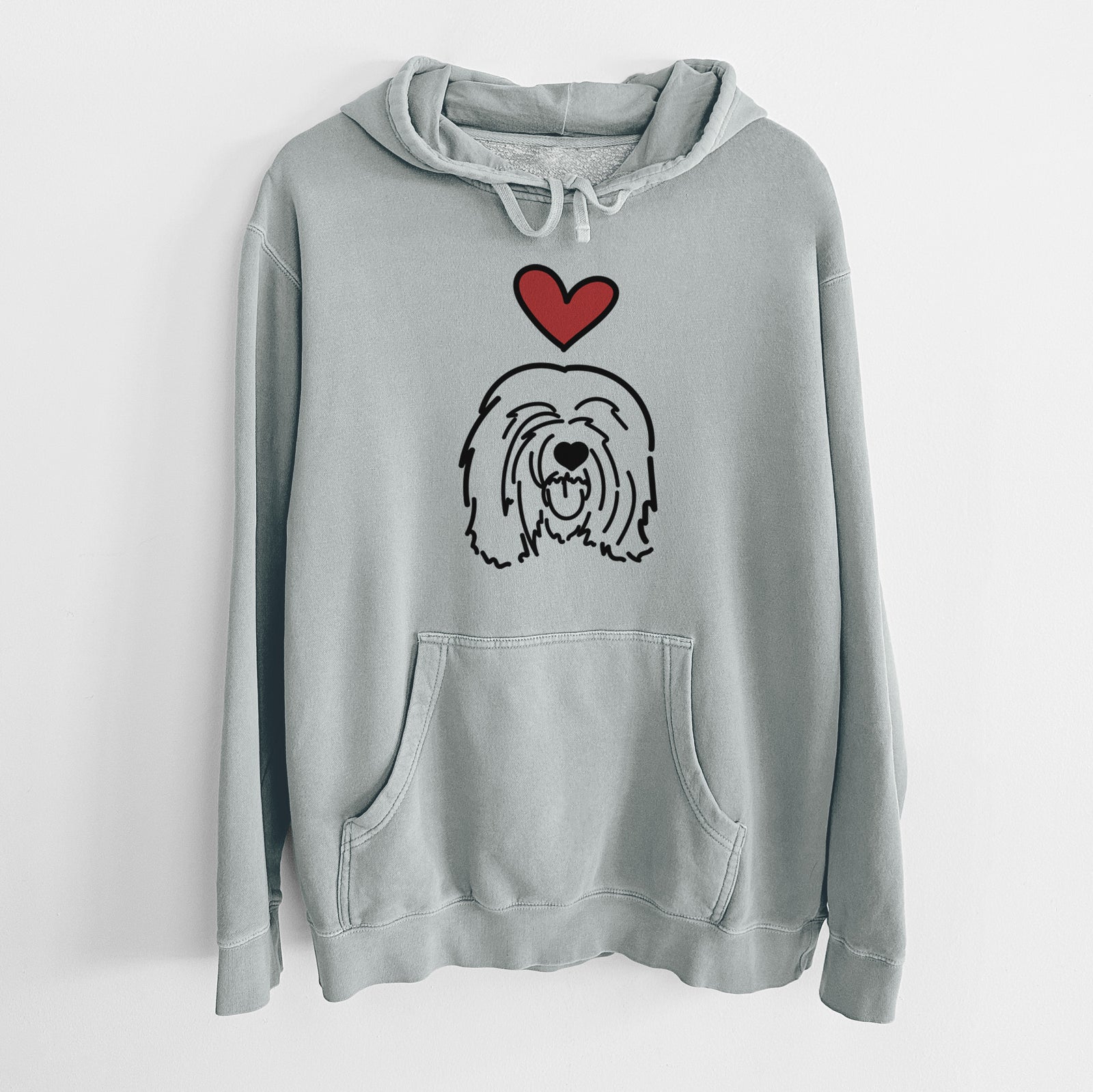 Minimalist line drawing of Stan the Tibetan Mastiff with a red heart on a Sage Unisex pigment dyed hoodie