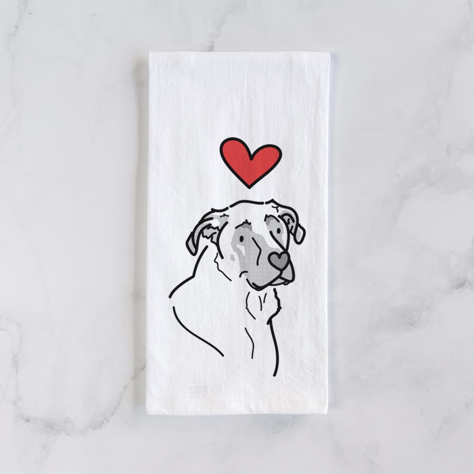 Minimalist line drawing of Tank the Mastiff German Shepherd Mix with a red heart on a tea towel