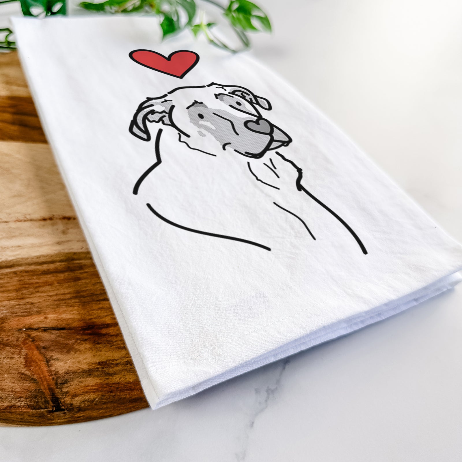 Minimalist line drawing of Tank the Mastiff German Shepherd Mix with a red heart on a tea towel