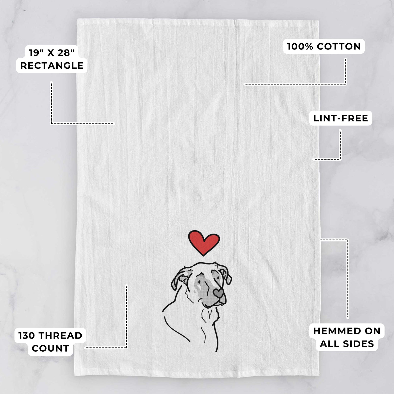 Minimalist line drawing of Tank the Mastiff German Shepherd Mix with a red heart on a tea towel, with feature callouts: 19 x 28 inch rectangle, 100% cotton, lint-free, 120 thread count, hemmed on all sides