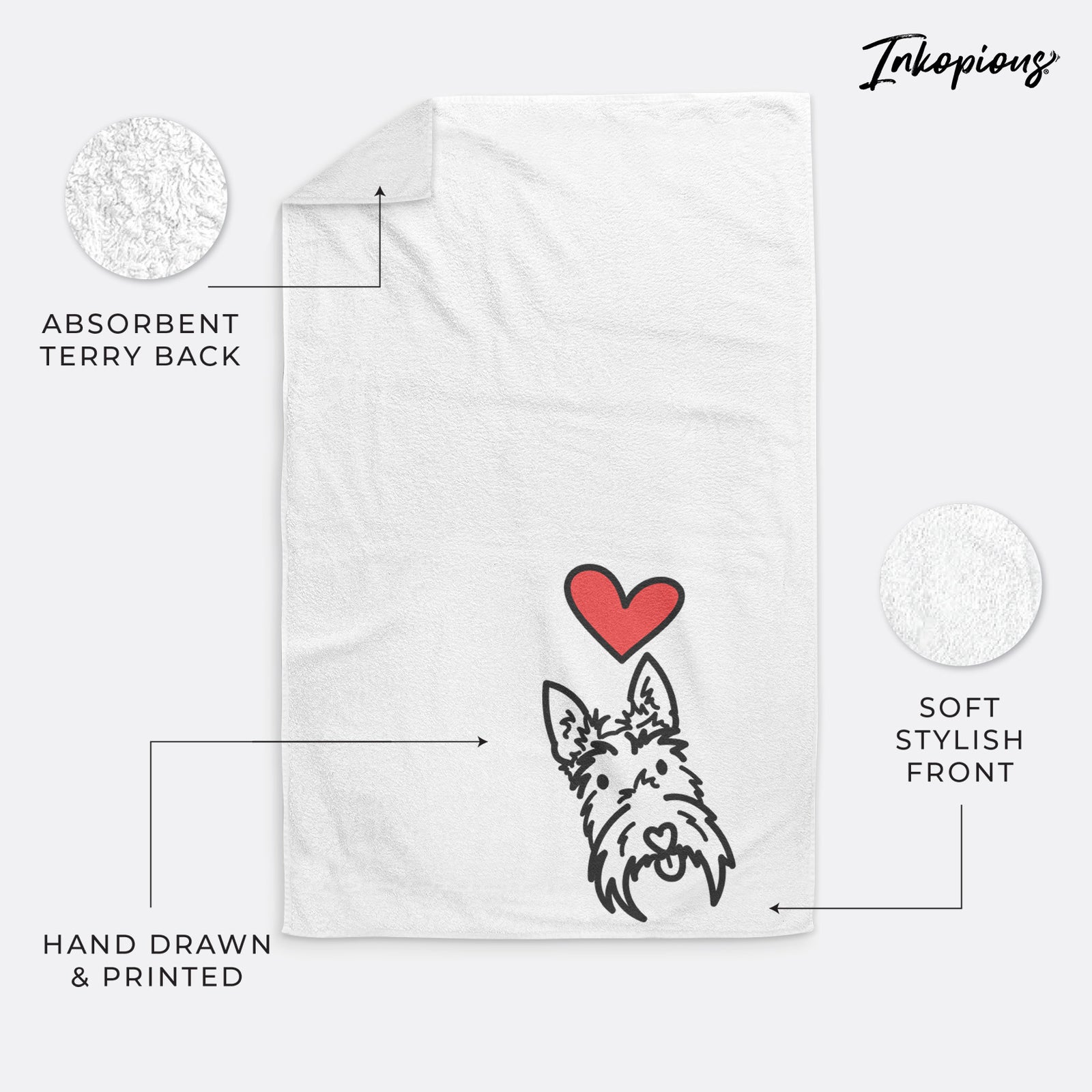 Minimalist line drawing of Thistle the Scottish Terrier with a red heart on a decorative hand towel