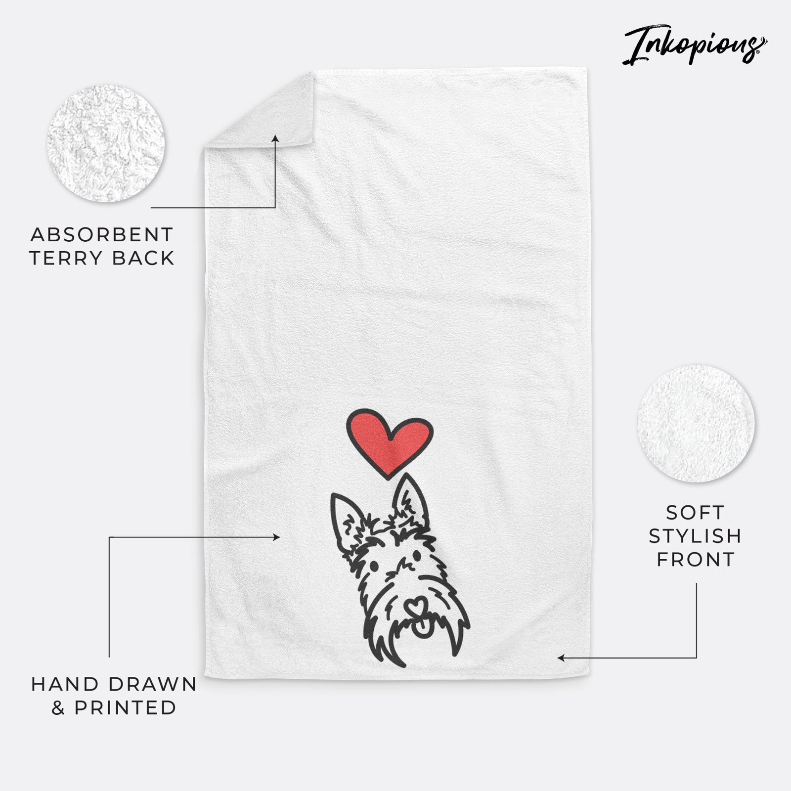 Minimalist line drawing of Thistle the Scottish Terrier with a red heart on a decorative hand towel