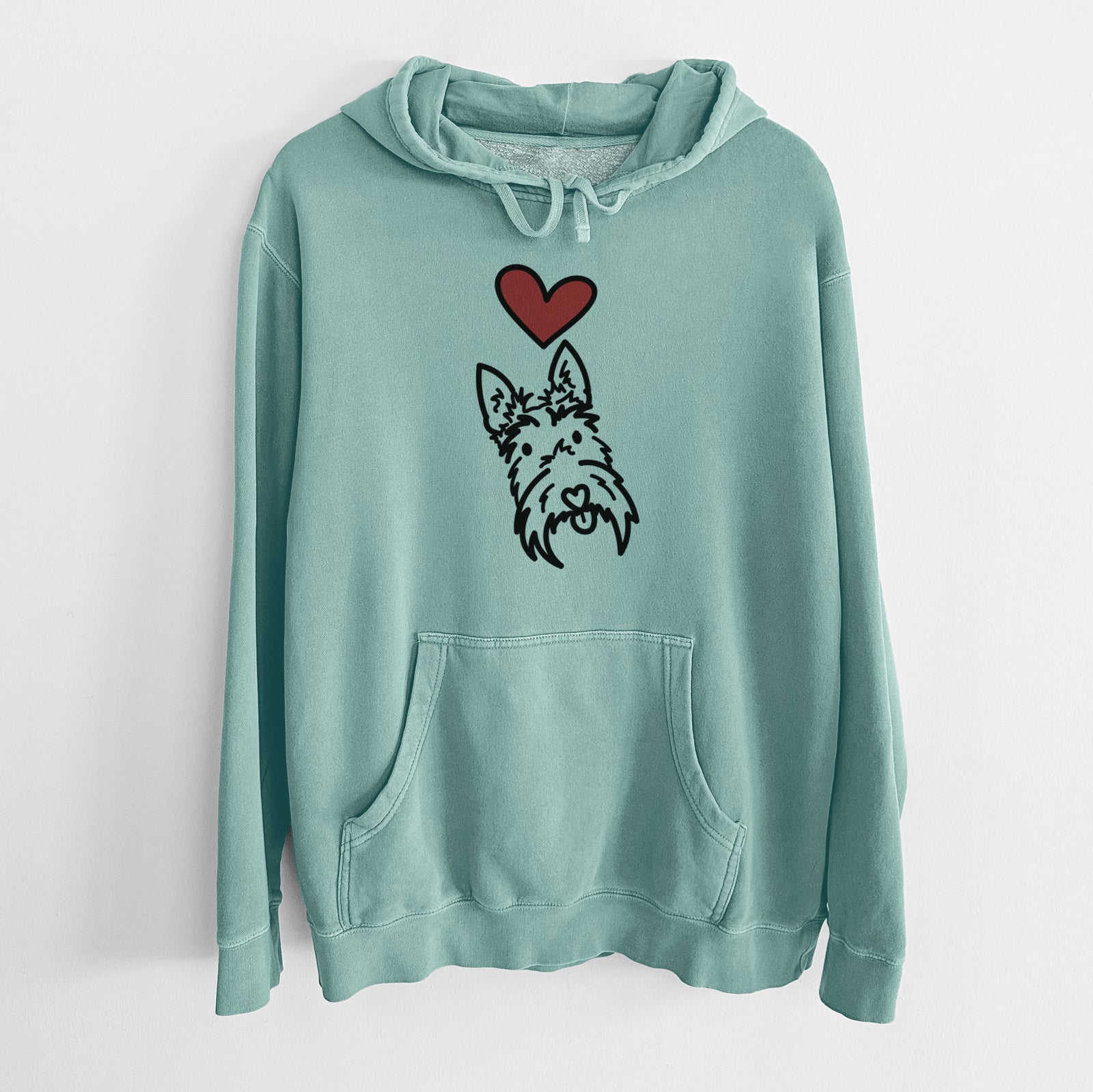 Minimalist line drawing of Thistle the Scottish Terrier with a red heart on a Mint Unisex pigment dyed hoodie