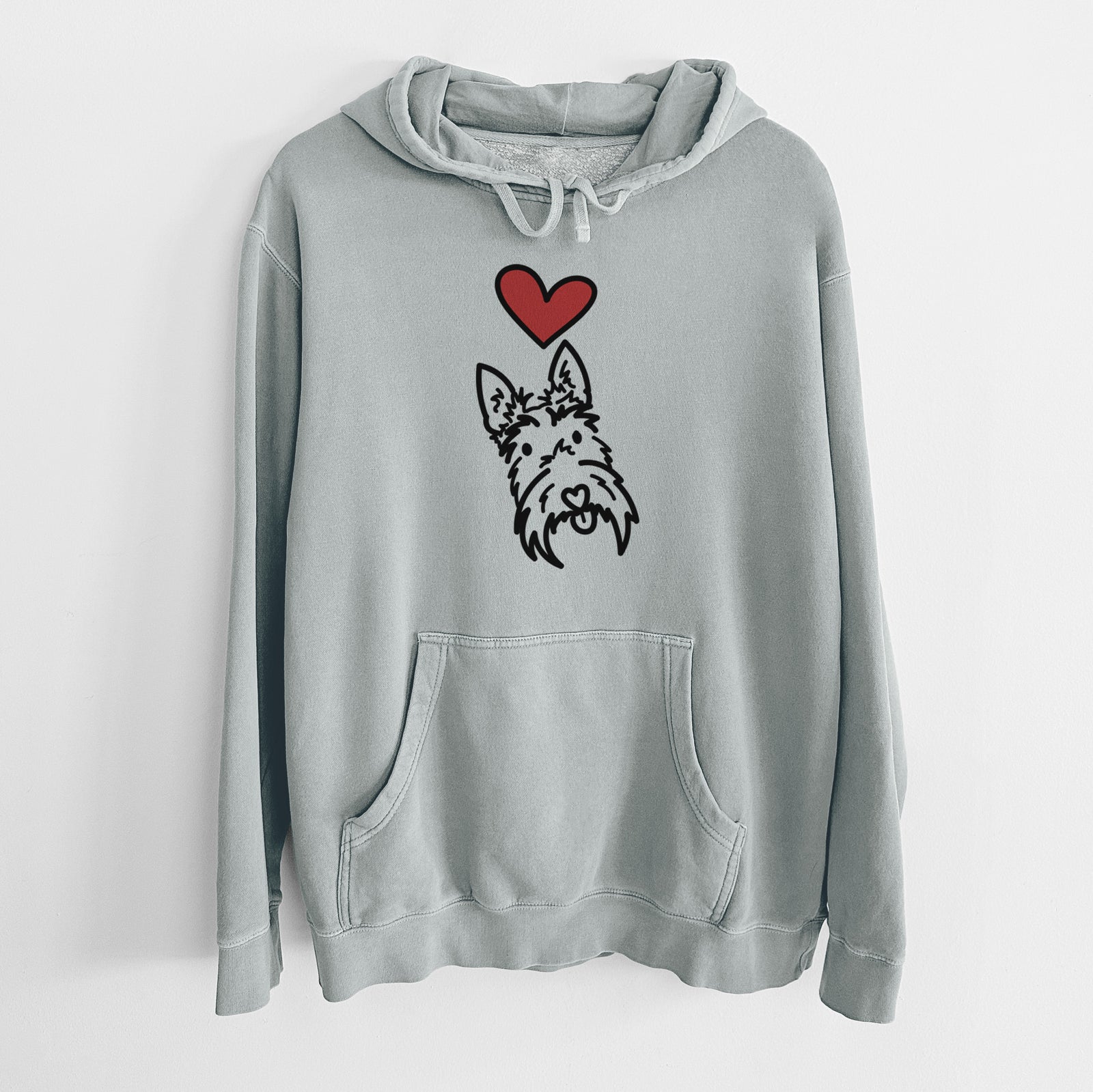 Minimalist line drawing of Thistle the Scottish Terrier with a red heart on a Sage Unisex pigment dyed hoodie