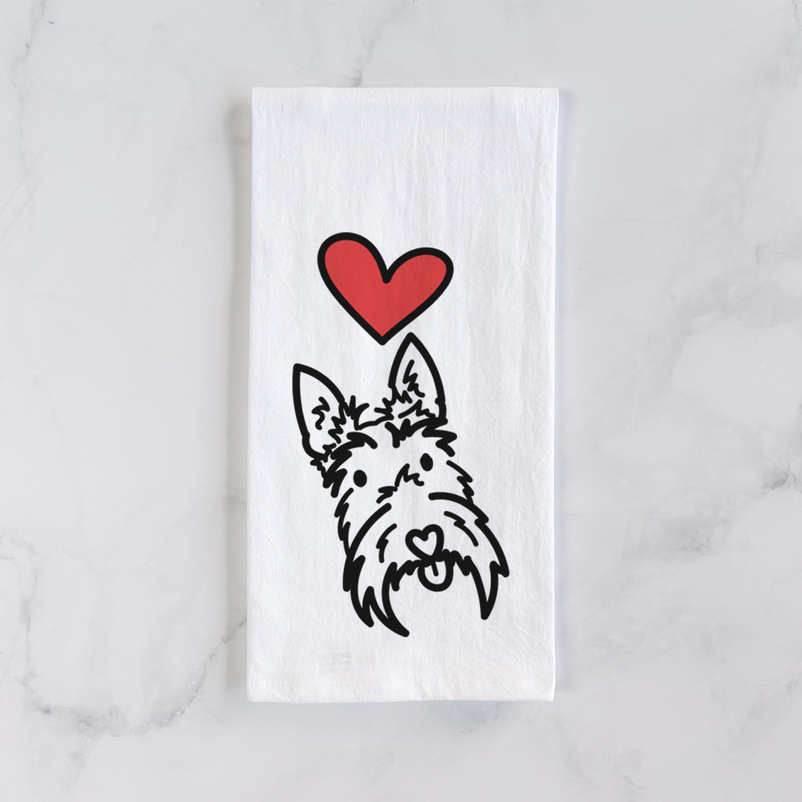 Minimalist line drawing of Thistle the Scottish Terrier with a red heart on a tea towel