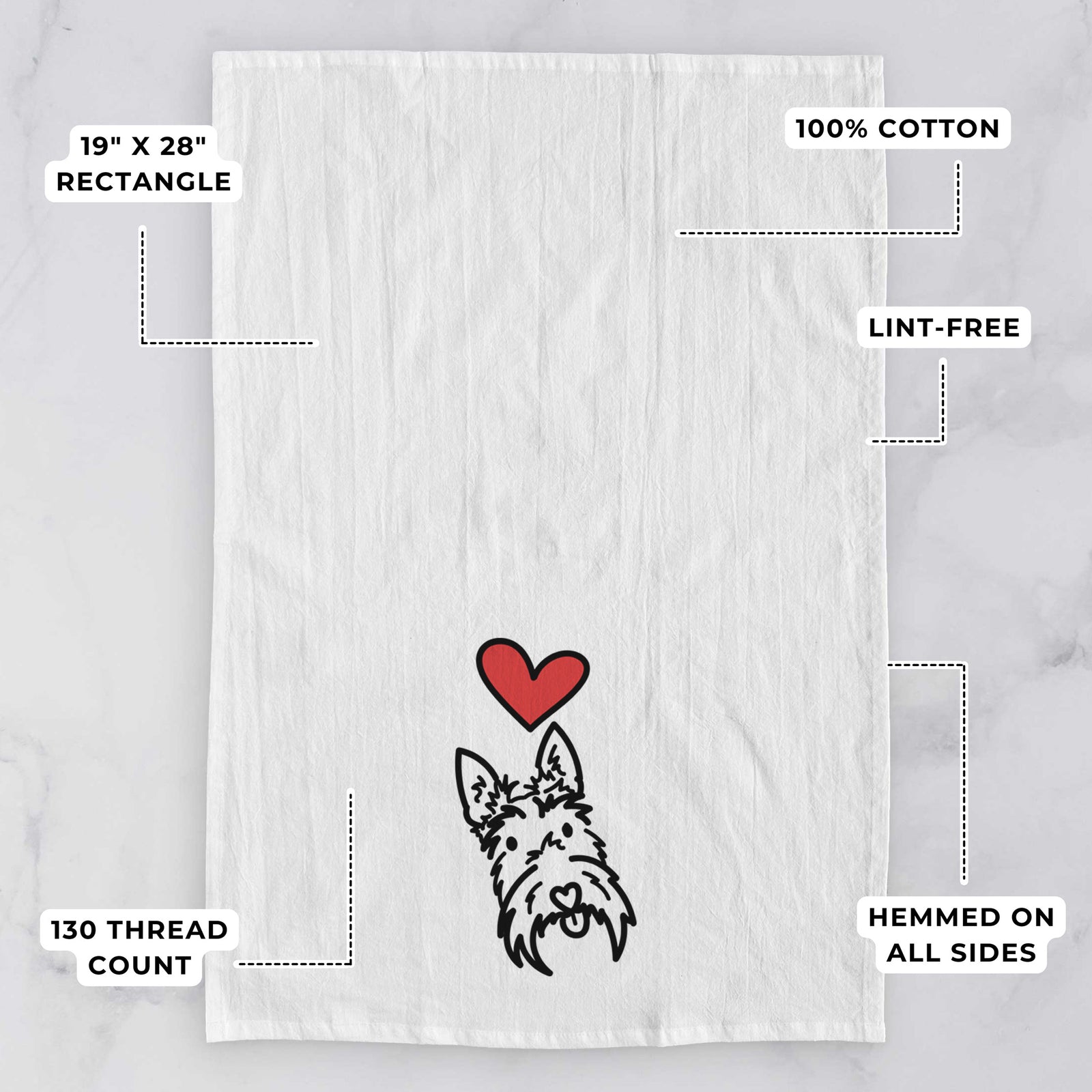 Minimalist line drawing of Thistle the Scottish Terrier with a red heart on a tea towel, with feature callouts: 19 x 28 inch rectangle, 100% cotton, lint-free, 120 thread count, hemmed on all sides