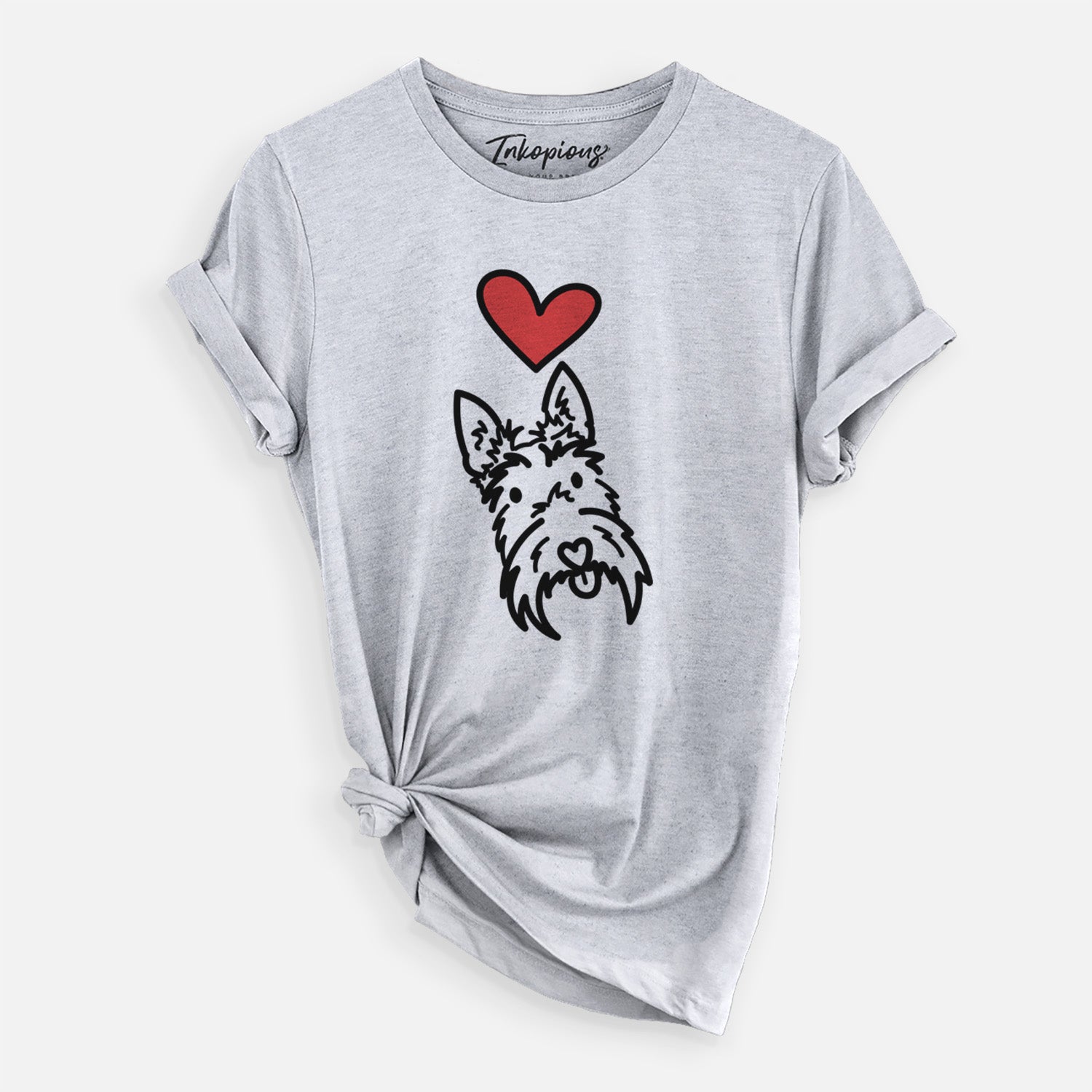 Minimalist line drawing of Thistle the Scottish Terrier with a red heart on a Grey Unisex crewneck