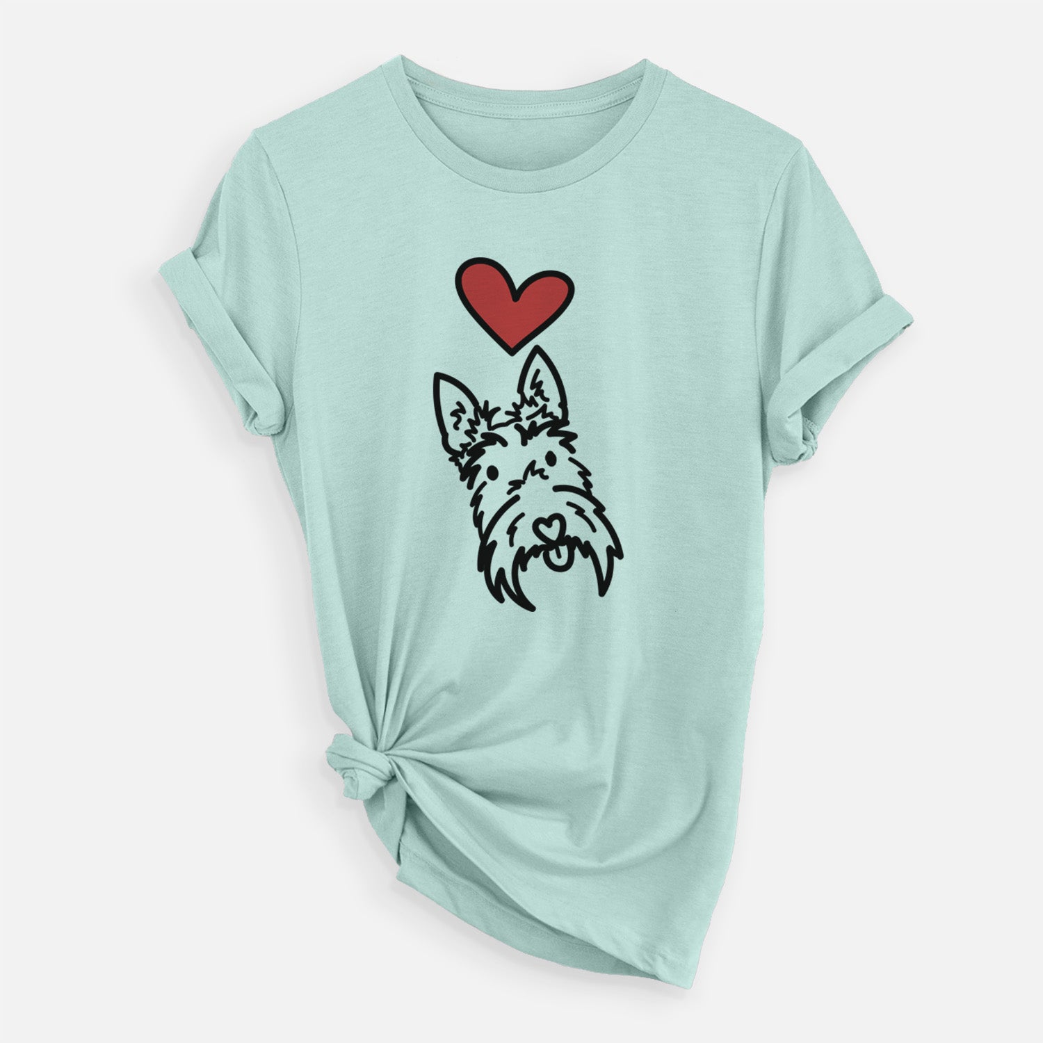 Minimalist line drawing of Thistle the Scottish Terrier with a red heart on a Heather Sage Unisex crewneck