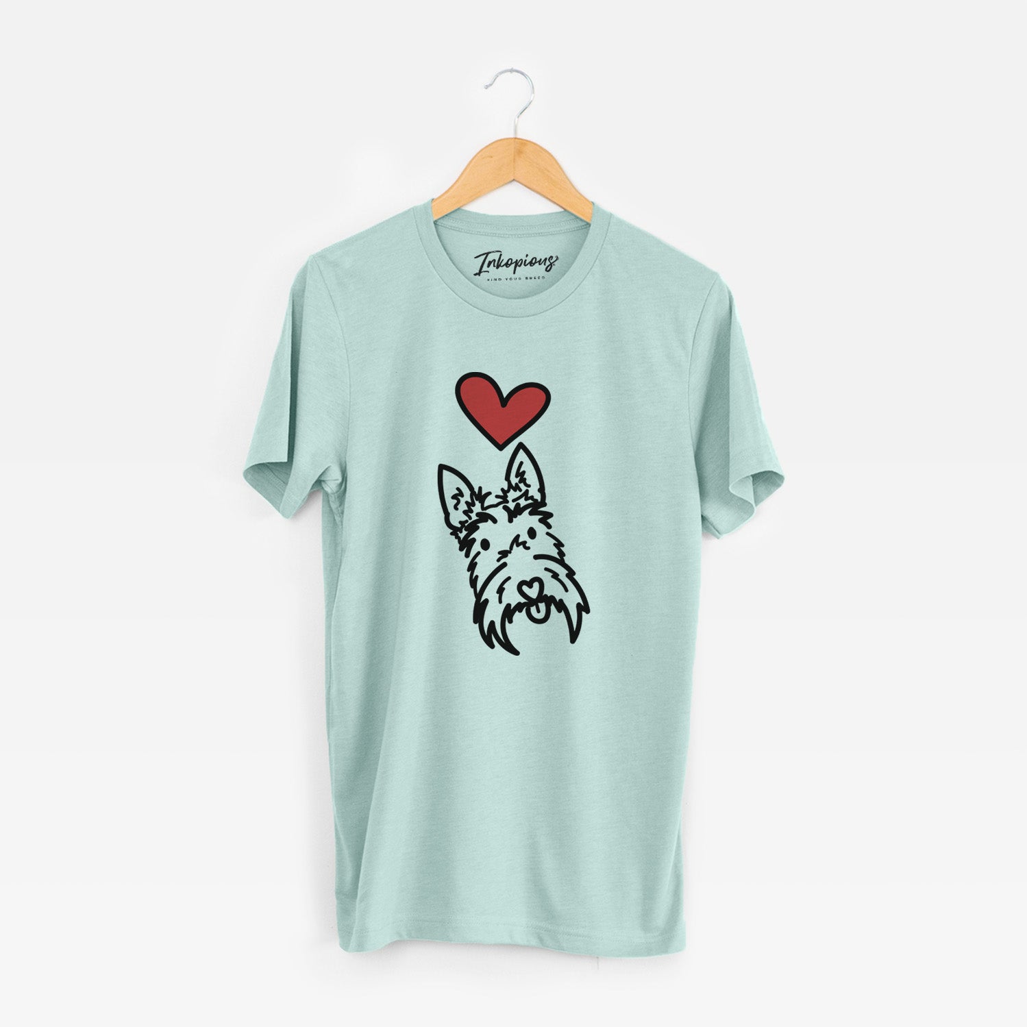 Minimalist line drawing of Thistle the Scottish Terrier with a red heart on a Heather Sage Unisex crewneck