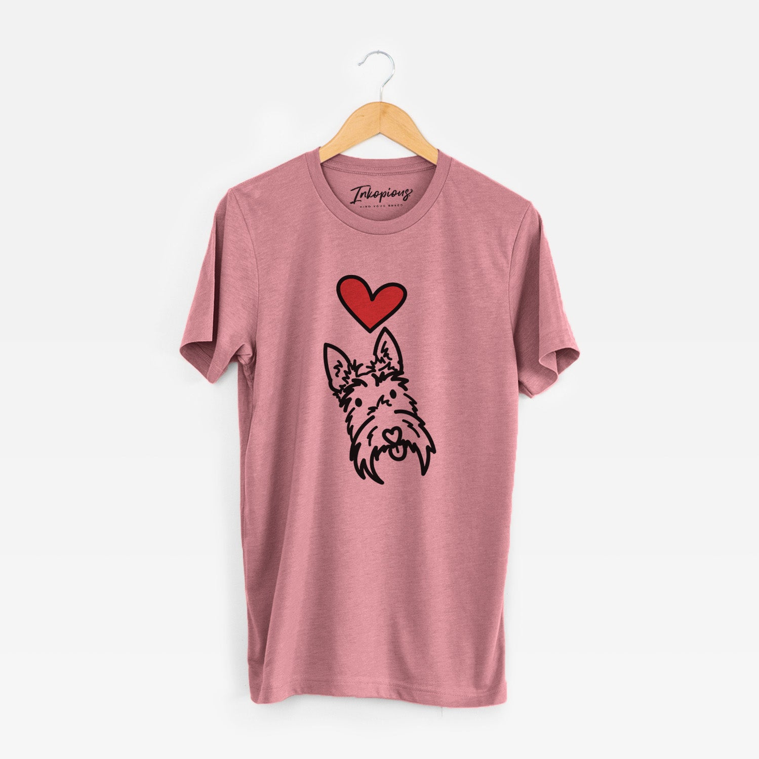 Minimalist line drawing of Thistle the Scottish Terrier with a red heart on a Mauve Unisex crewneck