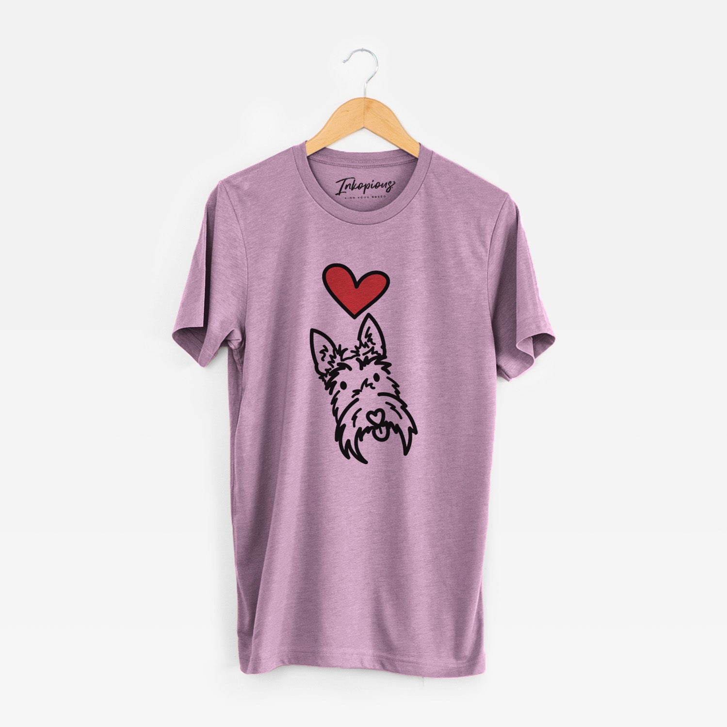 Minimalist line drawing of Thistle the Scottish Terrier with a red heart on an Orchid Unisex crewneck