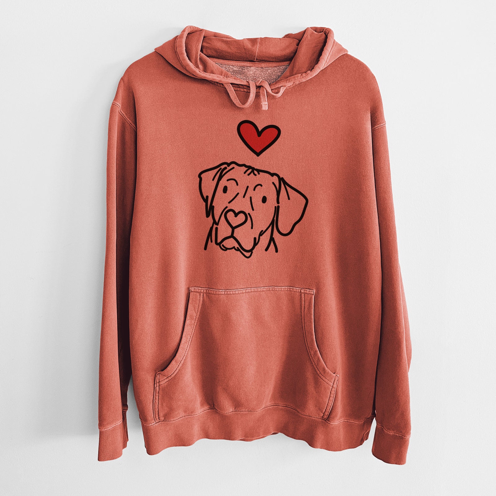 Minimalist line drawing of Tito the Rhodesian Ridgeback with a red heart on an Amber Unisex pigment dyed hoodie