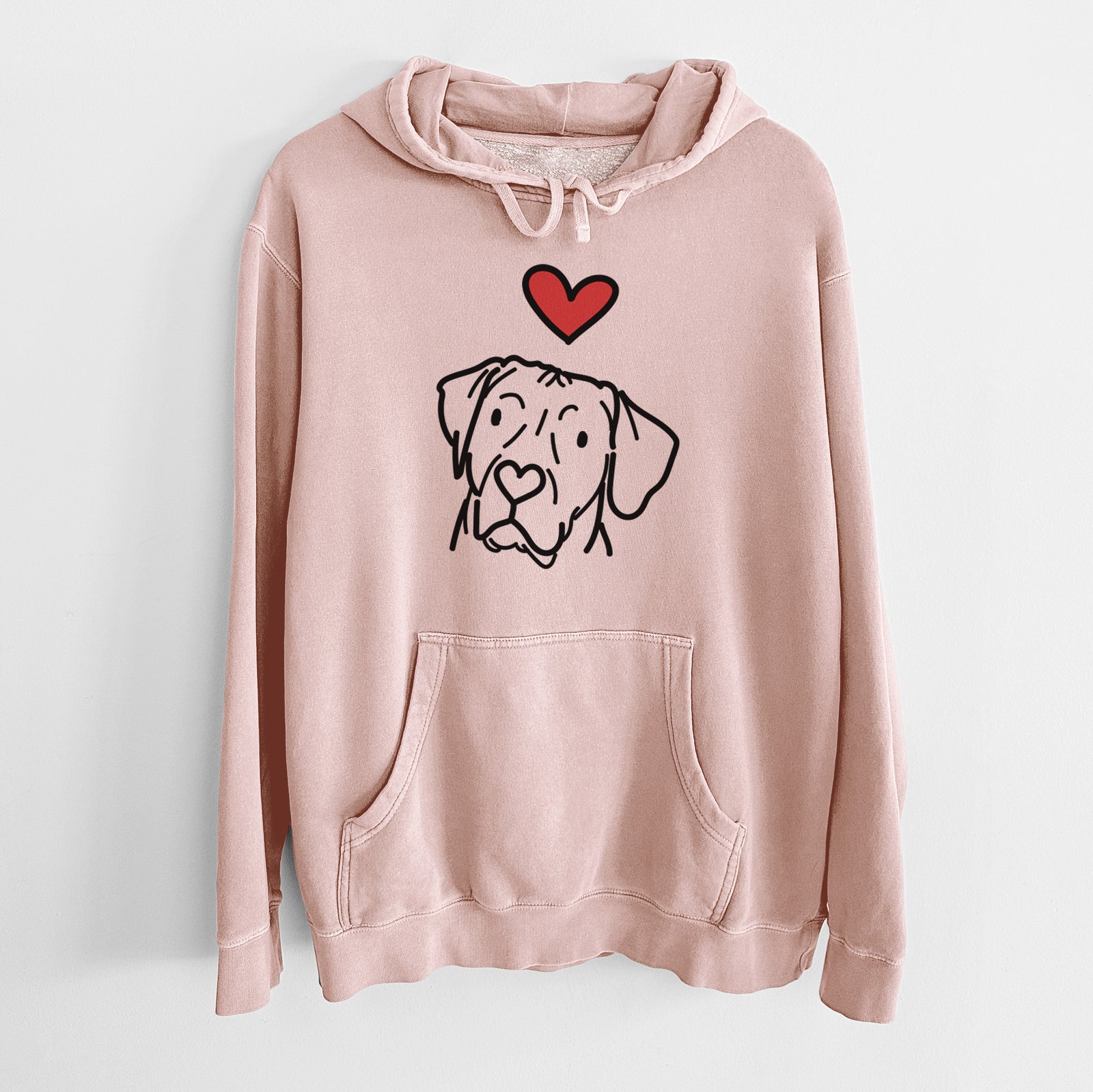 Minimalist line drawing of Tito the Rhodesian Ridgeback with a red heart on a Dusty Pink Unisex pigment dyed hoodie