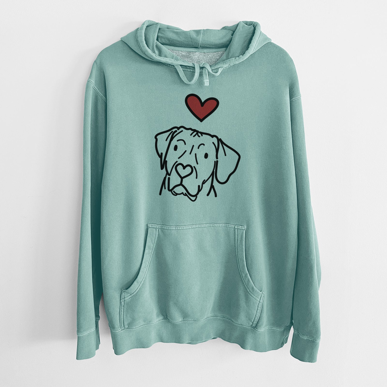 Minimalist line drawing of Tito the Rhodesian Ridgeback with a red heart on a Mint Unisex pigment dyed hoodie