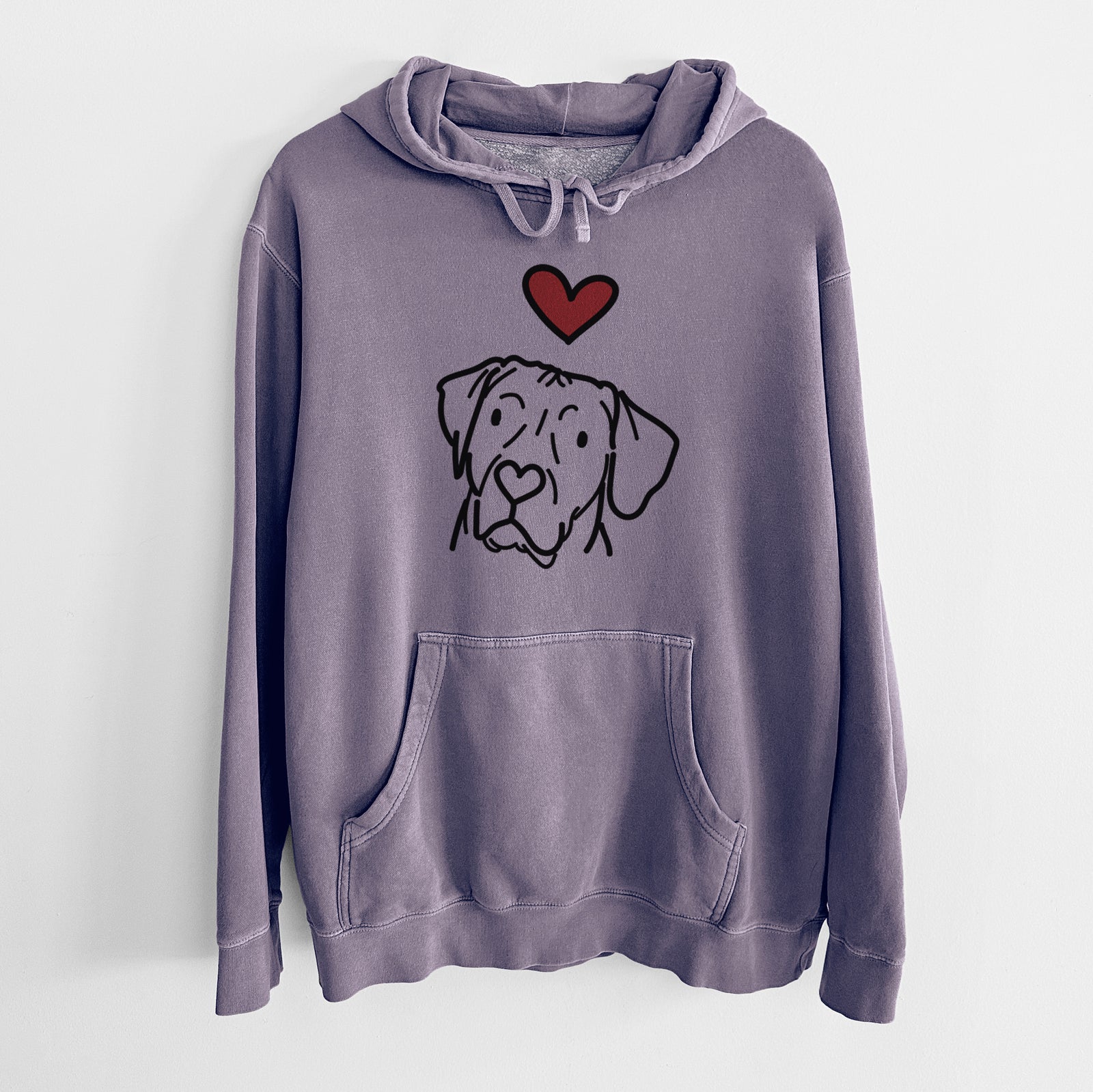 Minimalist line drawing of Tito the Rhodesian Ridgeback with a red heart on a Plum Unisex pigment dyed hoodie