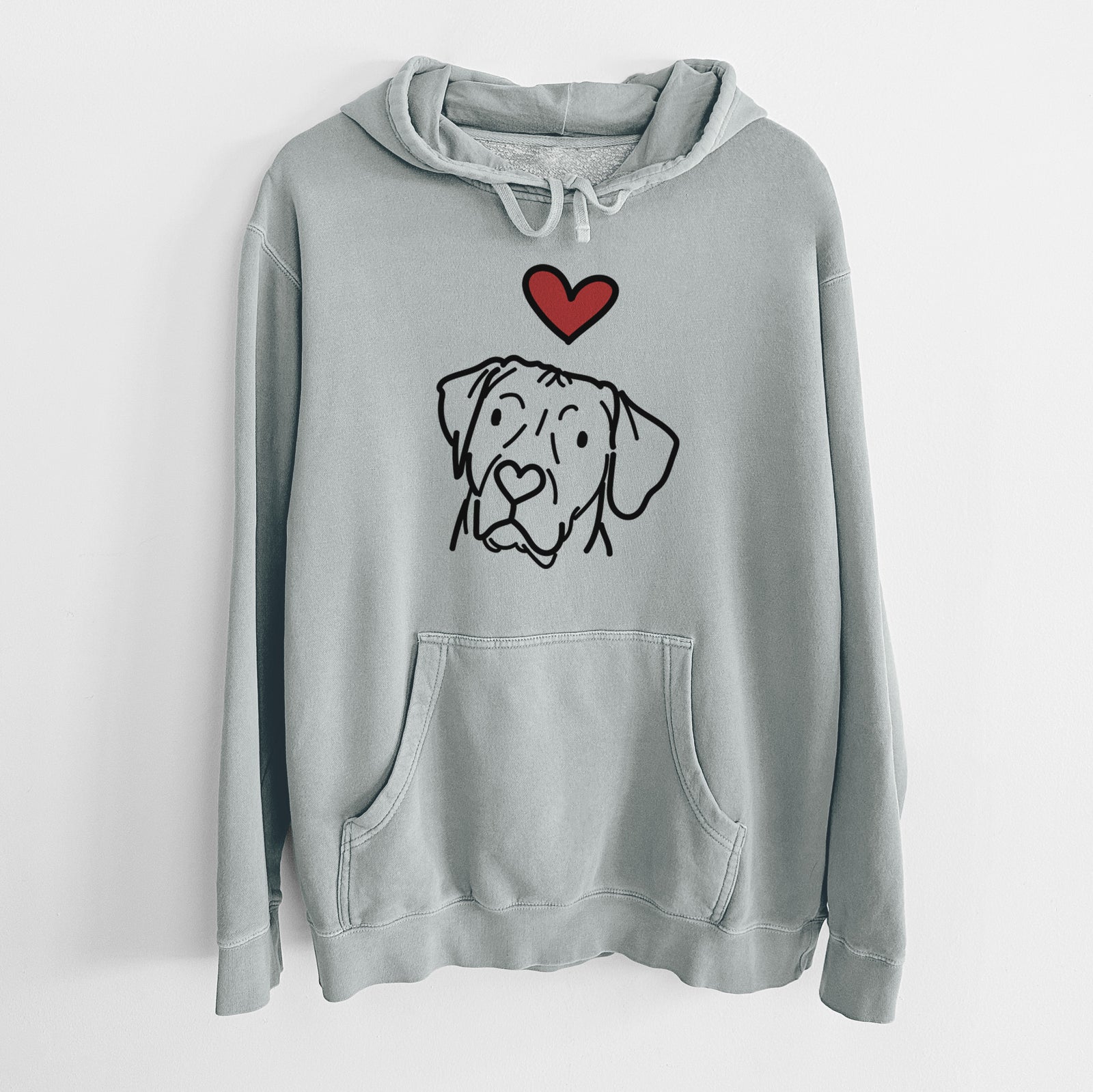 Minimalist line drawing of Tito the Rhodesian Ridgeback with a red heart on a Sage Unisex pigment dyed hoodie