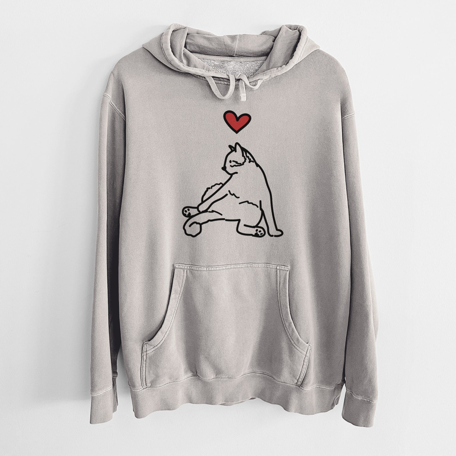 Minimalist line drawing of Tom the Cat with a red heart on a Cement Unisex pigment dyed hoodie