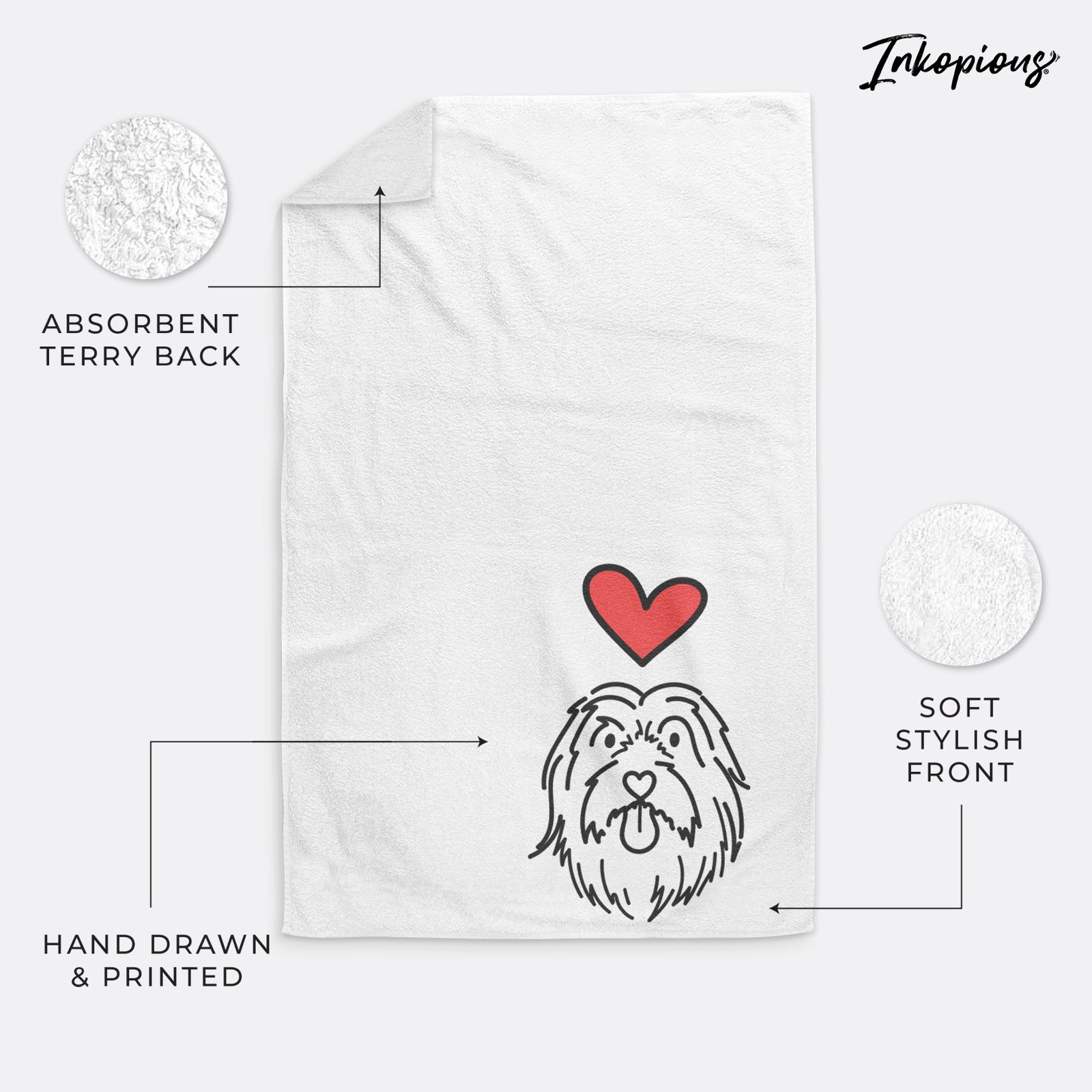 Minimalist line drawing of Tucker the Bearded Collie with a red heart on a decorative hand towel